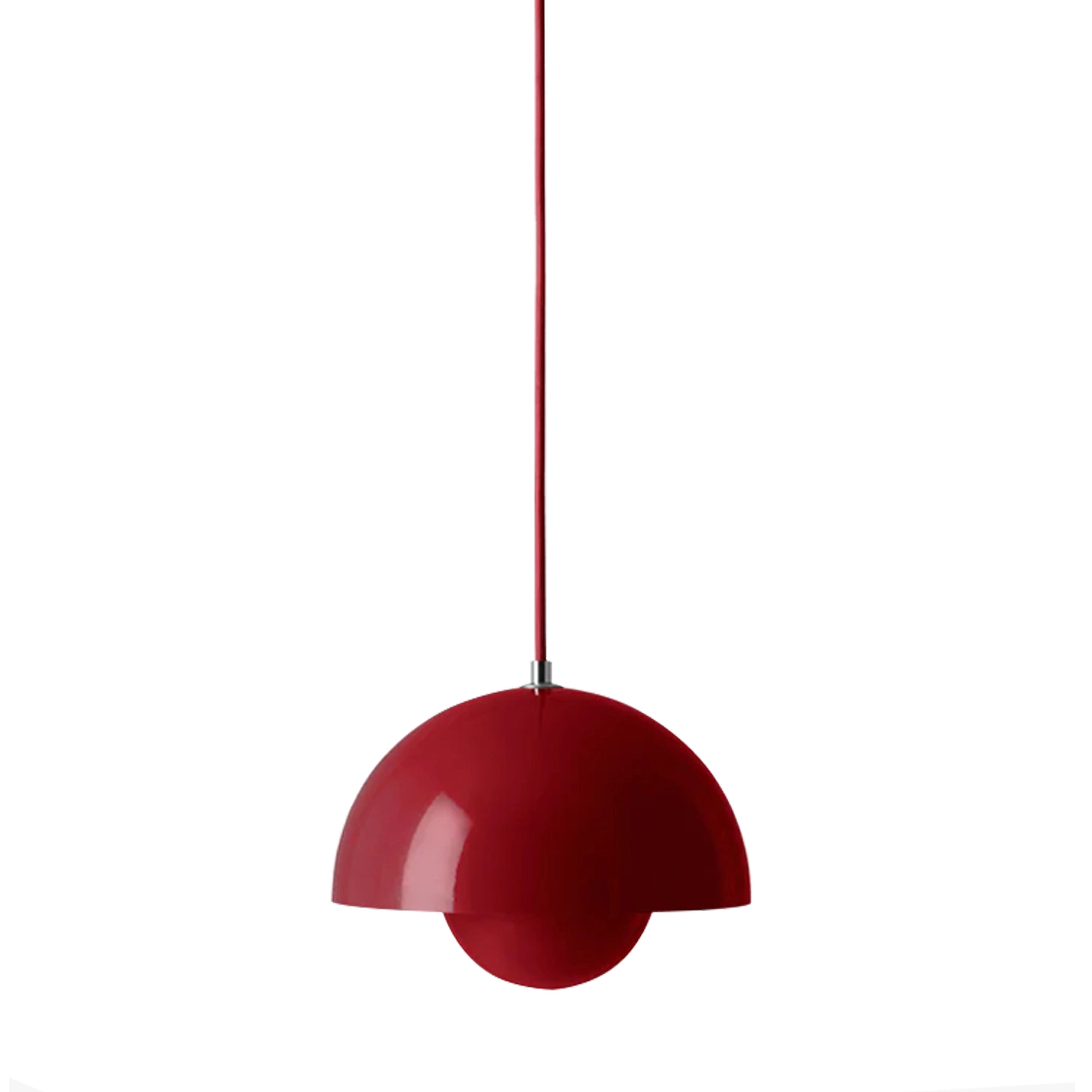 Modern minimalist matte black dome pendant light with a red spherical lamp shade.