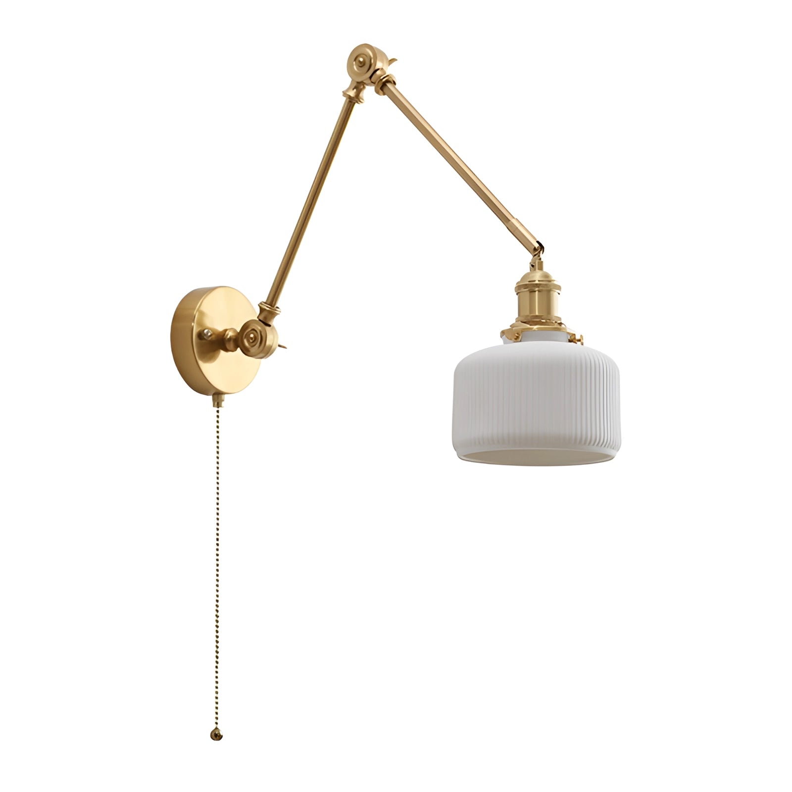 Mid-century adjustable brass wall sconce with vintage design, featuring a brass finish and rectangular base, mounted on a wooden wall.