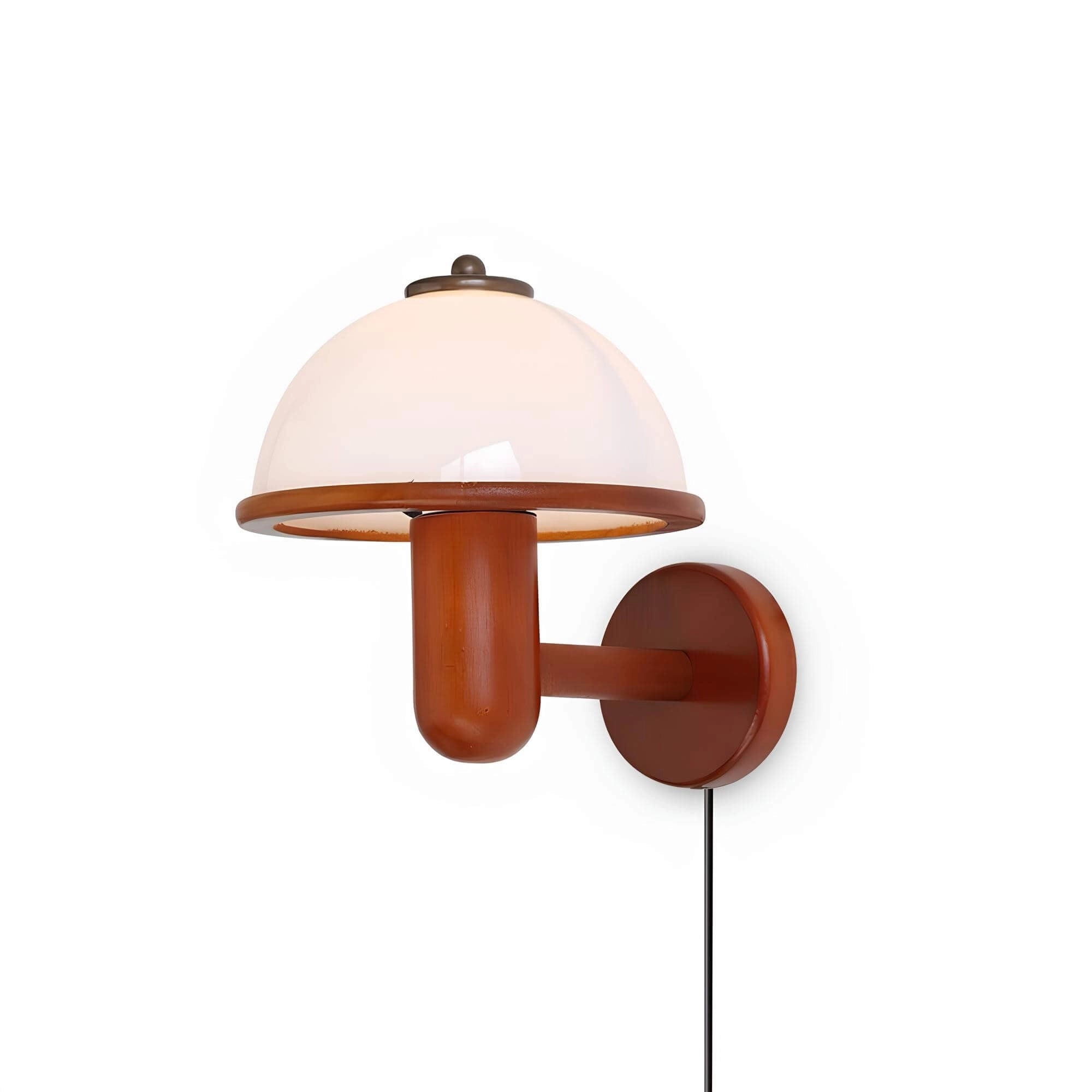 Mid-Century Modern Walnut Wall Lamp with Brass Accent Dome Shade featuring a sleek design, wood elements, and a metal finish suitable for elegant interior decor.