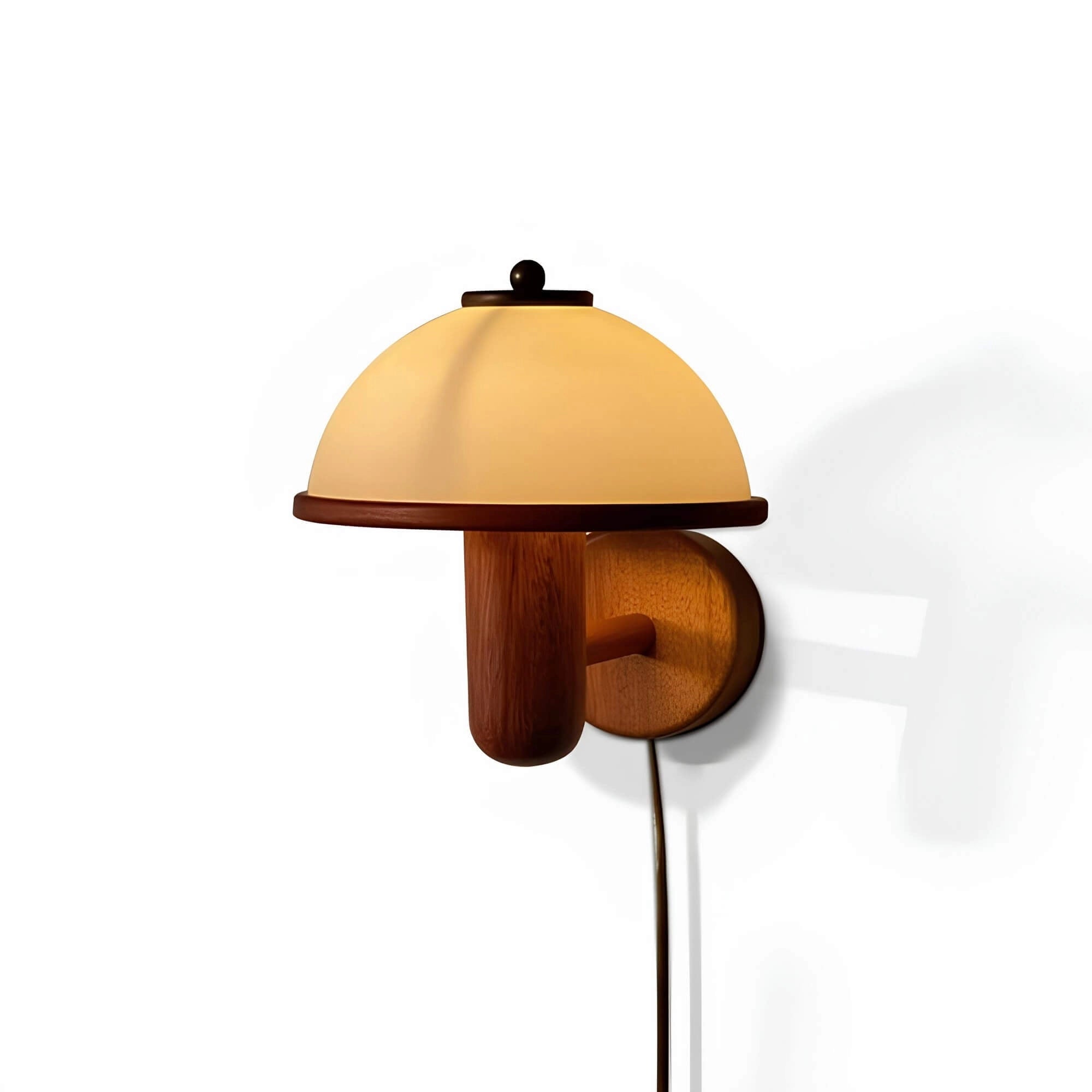 Mid-century modern walnut wall lamp with a brass accent dome shade, featuring a wooden rectangular base and a stylish metal lampshade.