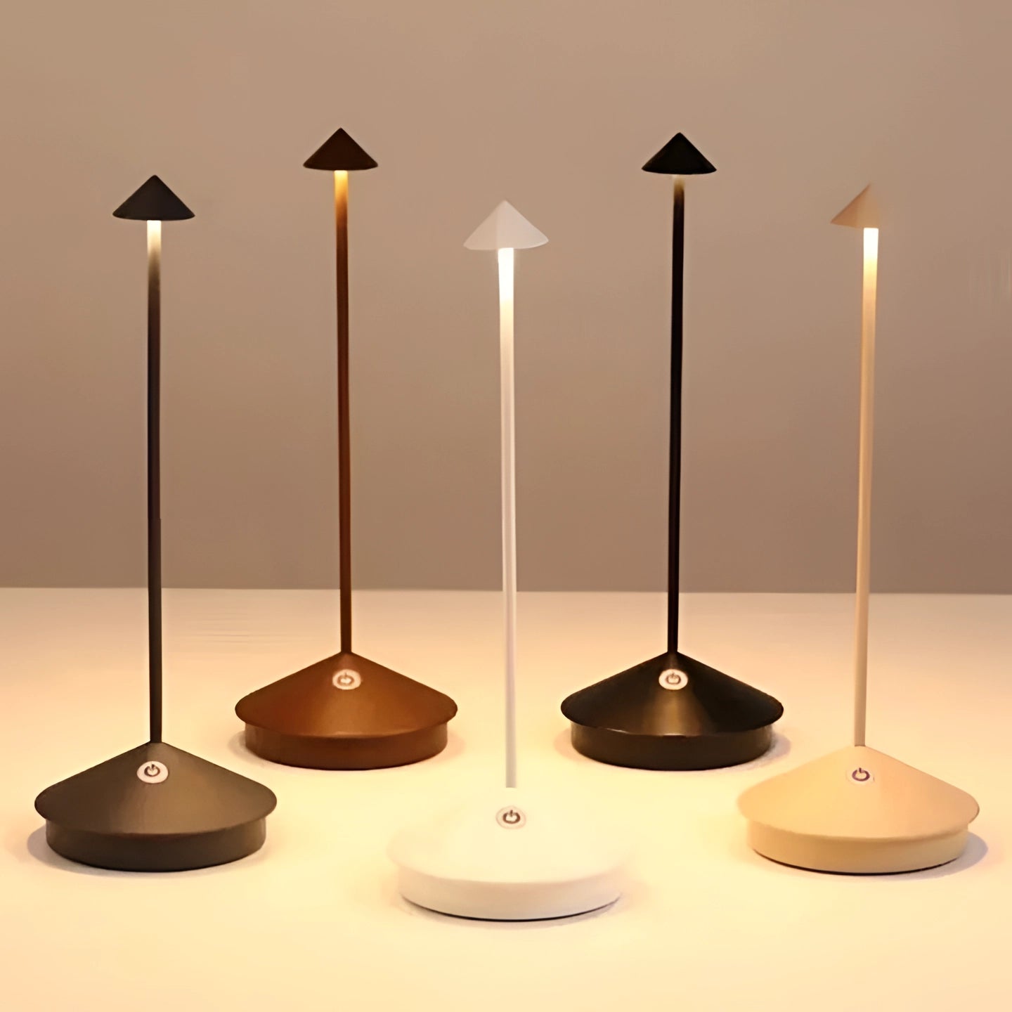 Minimalist gray arrow-shaped LED desk lamp with a modern design, featuring a sleek wooden base and circular light fixture, ideal for contemporary decor.