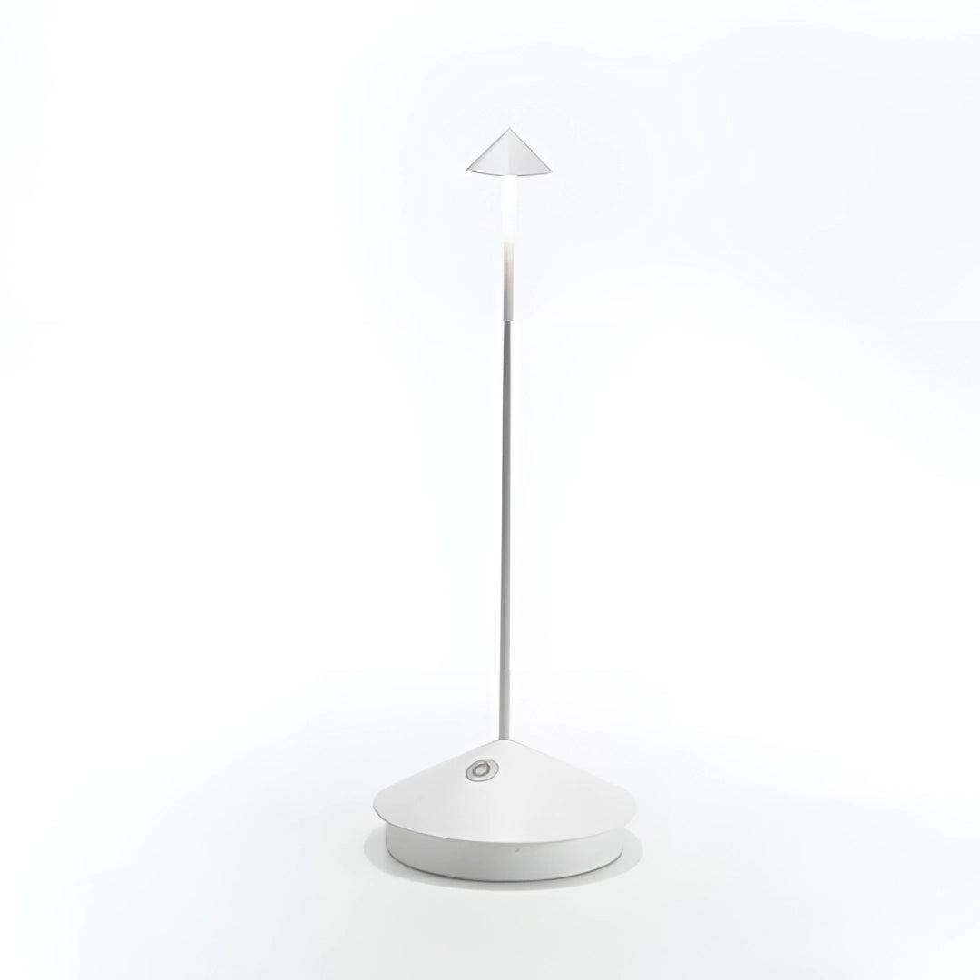 Minimalist arrow-shaped LED desk lamp with a sleek design, featuring a modern aesthetic that complements contemporary decor; the lamp is styled with a circular base and electric blue accents, offering balanced lighting suitable for a workspace or study area.