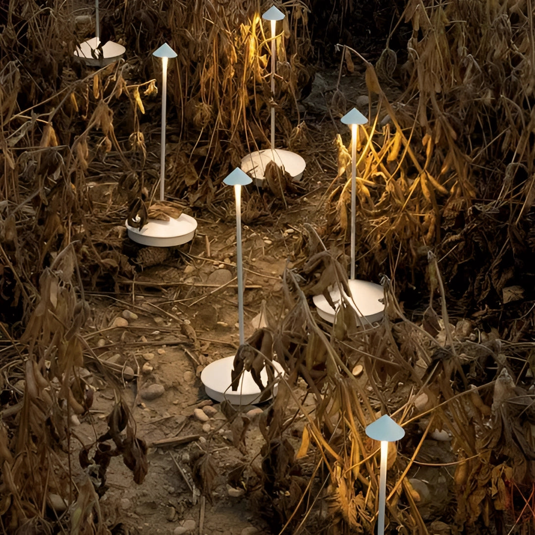 Minimalist arrow-shaped LED desk lamp positioned on a surface, surrounded by small potted plants and twigs, creating a modern and natural decor setting.