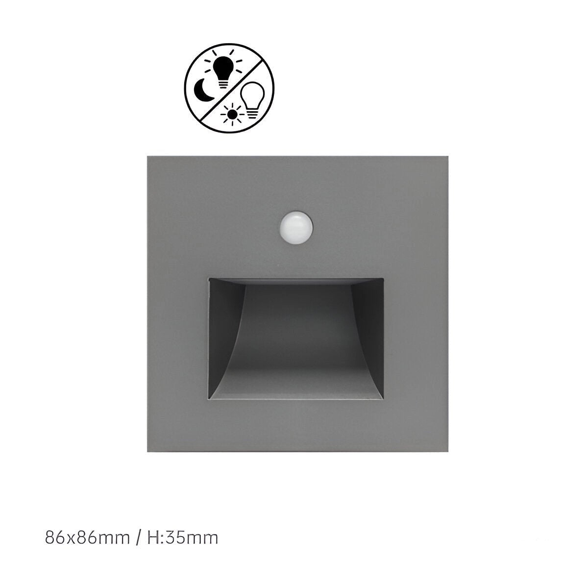 Minimalist silver child-safety light switch cover with anti-shock features, measuring 86x86mm, featuring a sensor B and simple geometric design elements.