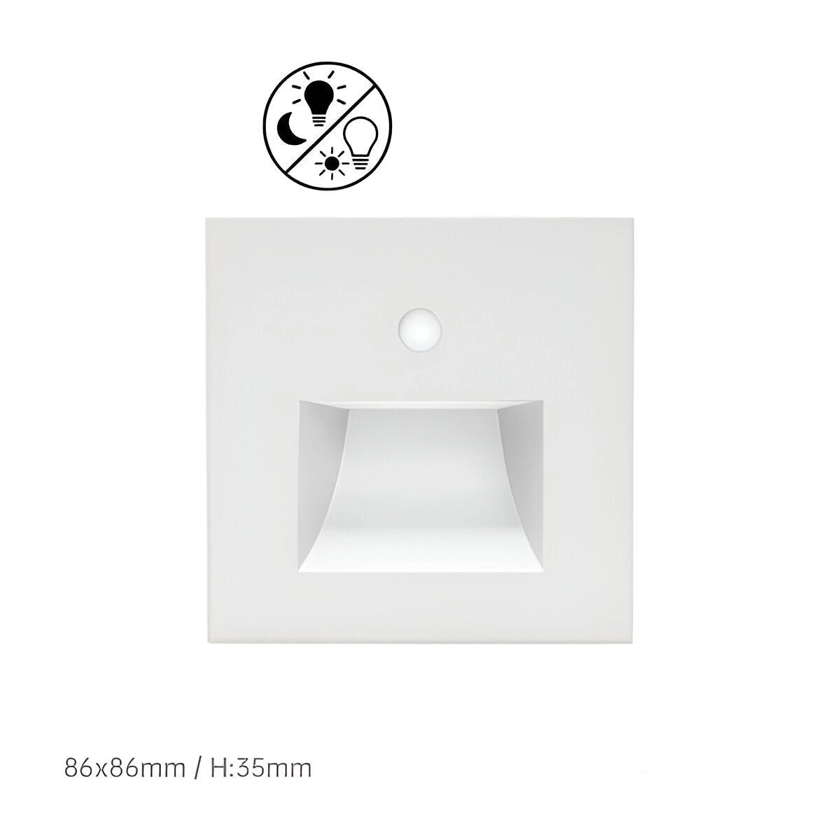 Minimalist child-safety light switch cover in white, featuring a rectangular design with a built-in sensor, measuring 86x86mm, designed to prevent electrical shock.