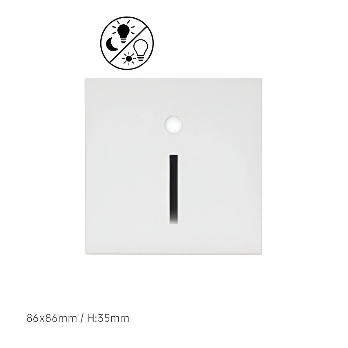Minimalist white child-safety light switch cover with sensor, rectangular shape, designed to prevent shock, measuring 86x86mm.