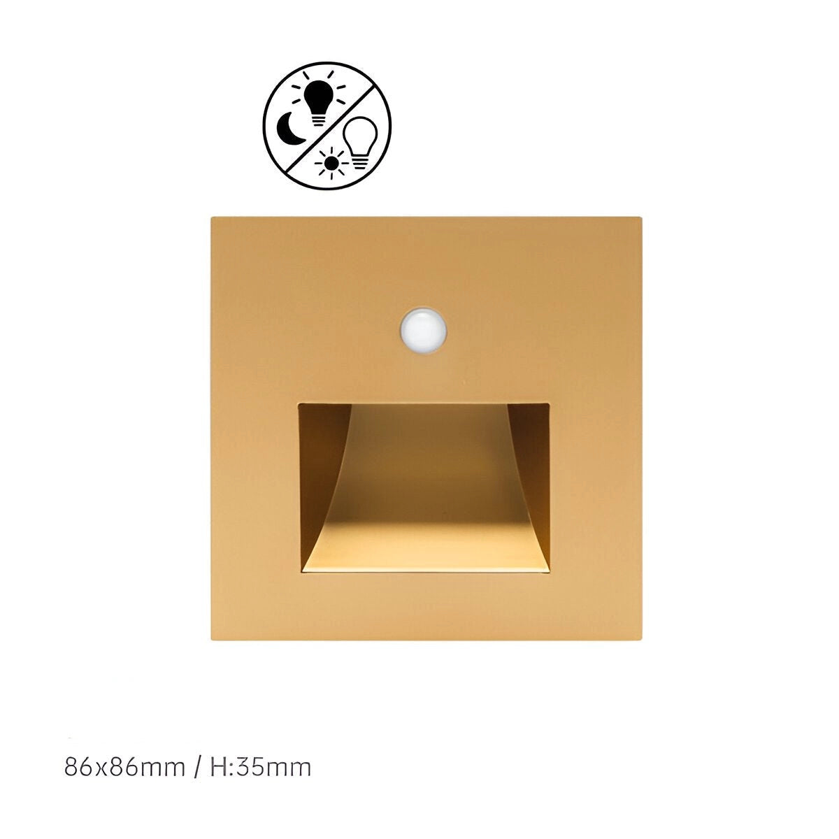 Minimalist gold child-safety light switch cover with anti-shock design, featuring SensorB technology, in a rectangular 86x86mm shape against a beige background.