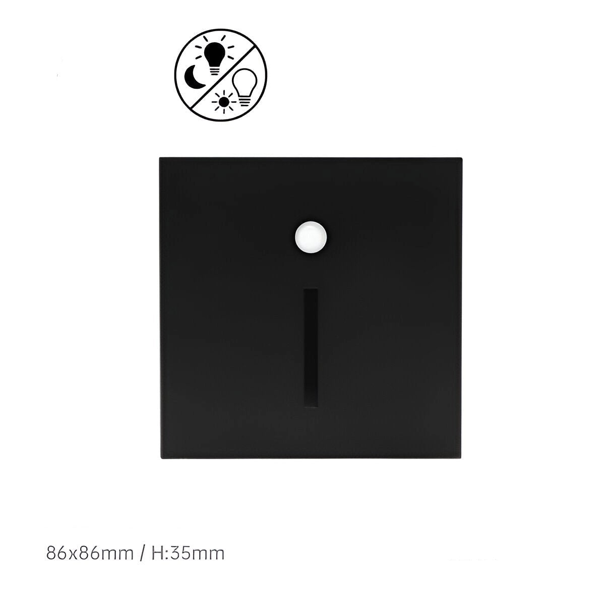 Minimalist black child-safety light switch cover, 86x86mm, featuring a sensor and a sleek, modern design with subtle rectangular and circular elements.