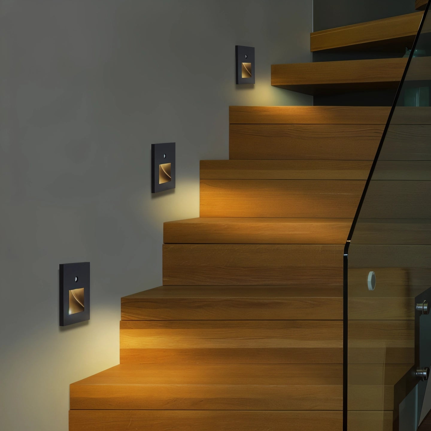 Minimalist child-safety light switch cover installed on a wooden wall with stairs visible in a stylish interior design setting. The cover features an anti-shock design with a dimension of 86x86mm, blending seamlessly with the surrounding hardwood flooring and artfully decorated property.
