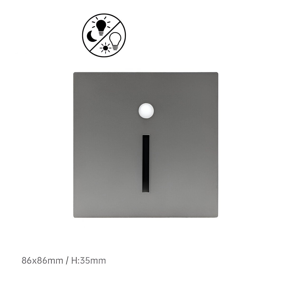 Minimalist child-safety light switch cover in silver, featuring a sensor and an anti-shock design, with dimensions of 86x86mm.