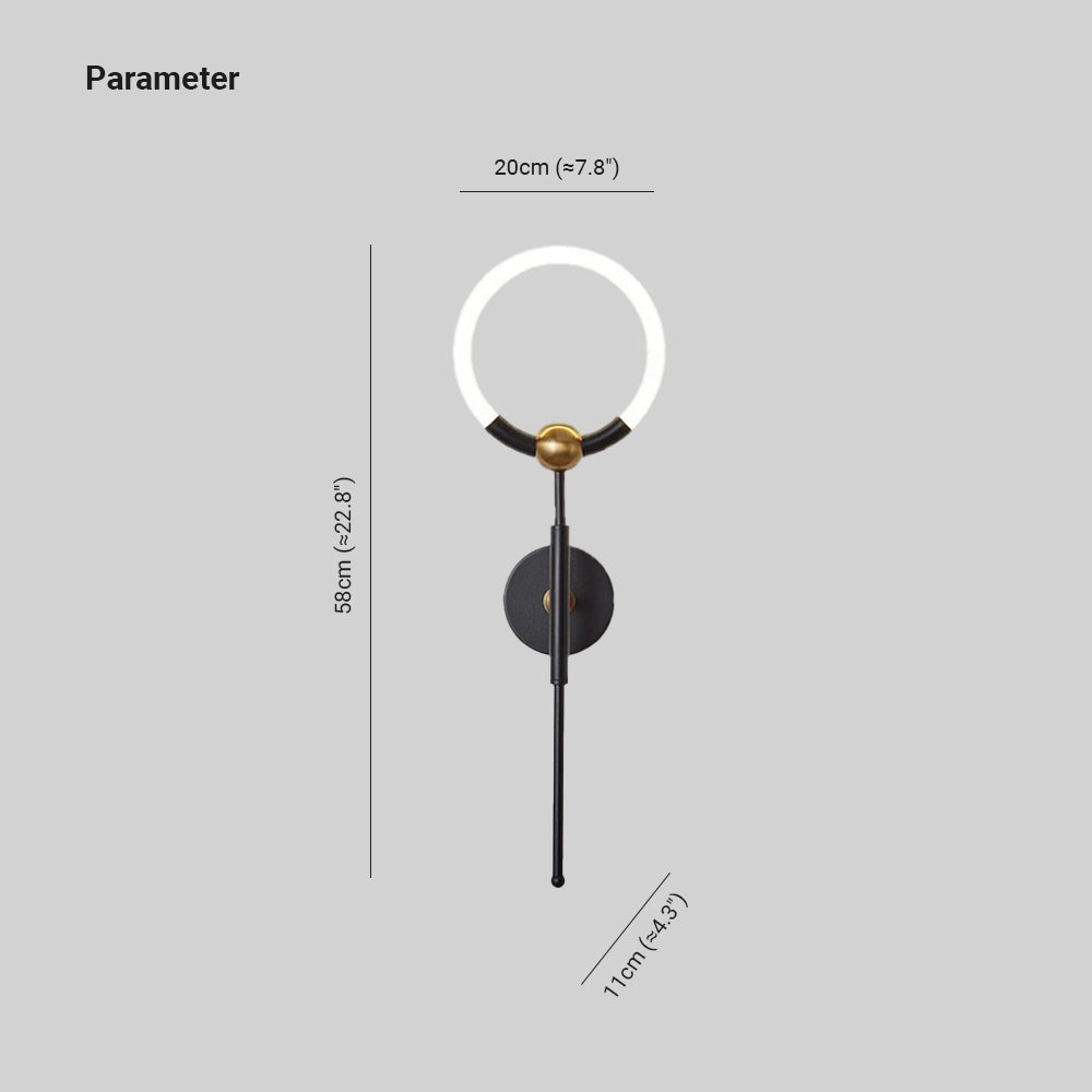 Minimalist Circular LED Wall Lamp in gold and black with a modern sconce design, featuring a circular metal structure.