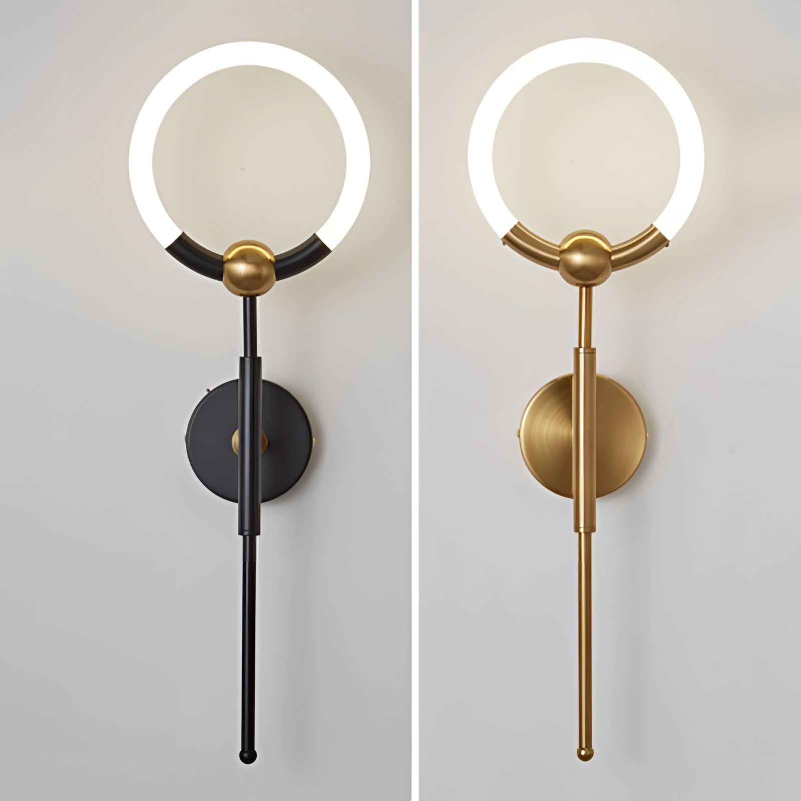 Minimalist circular LED wall lamp in gold and black, featuring a modern sconce design with symmetrical metal construction and circular shape.