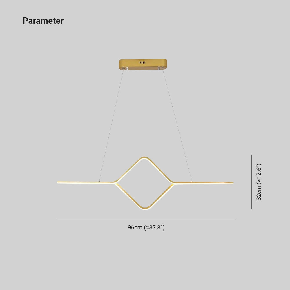 Minimalist gold LED geometric pendant light fixture with a rectangular design featuring parallel lines and symmetrical patterns.