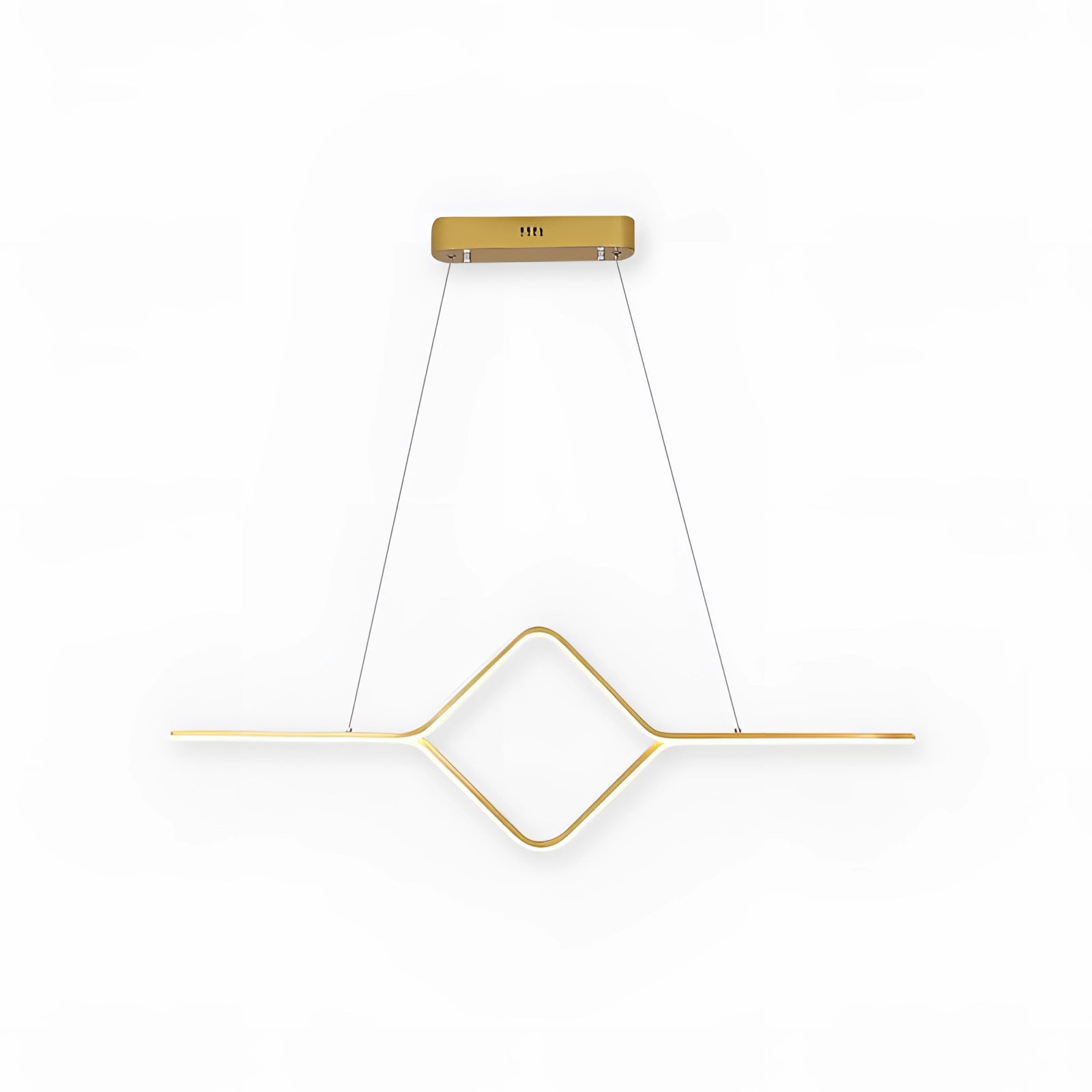 Minimalist gold LED geometric pendant light fixture with a modern design featuring rectangular, triangular, and circular shapes, suspended from the ceiling with parallel lines and symmetrical arrangement.