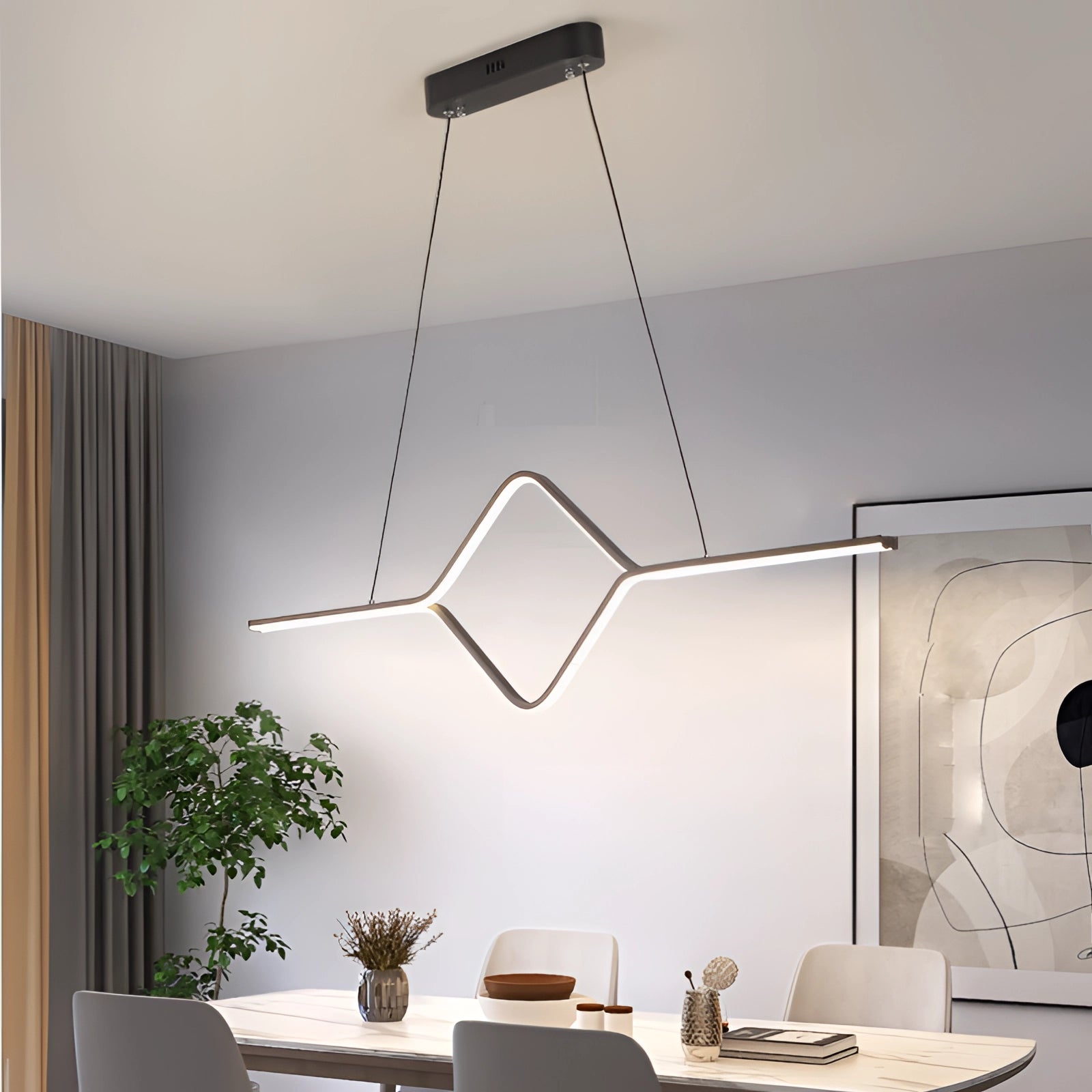 Minimalist gold geometric pendant light fixture with black accents, hanging in a modern interior setting, featuring dimmable LED lights with remote control.
