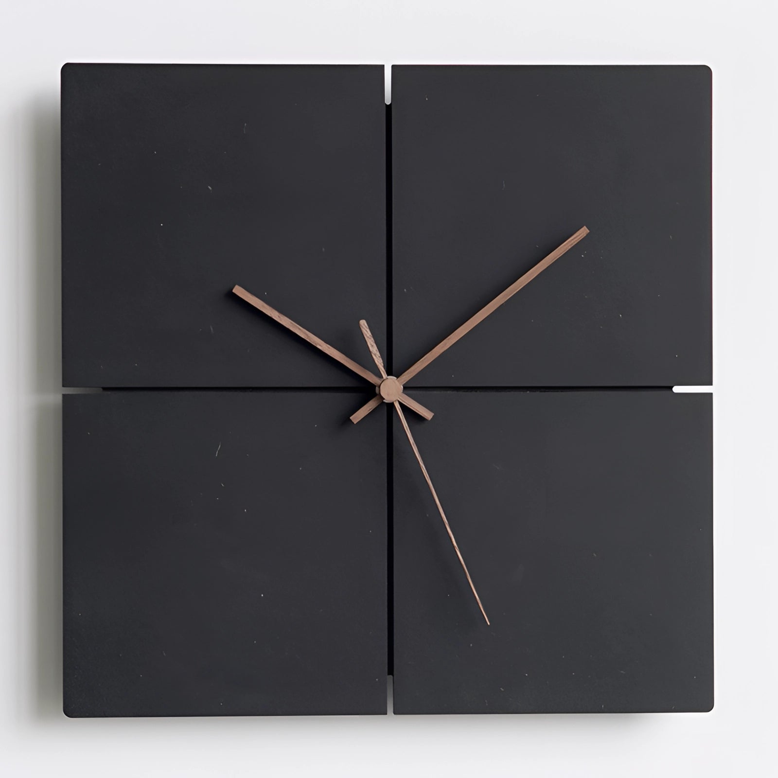 Minimalist large square black wall clock with a contemporary split design, featuring a striking black and white color scheme and bold numbers, perfect for modern home decor.