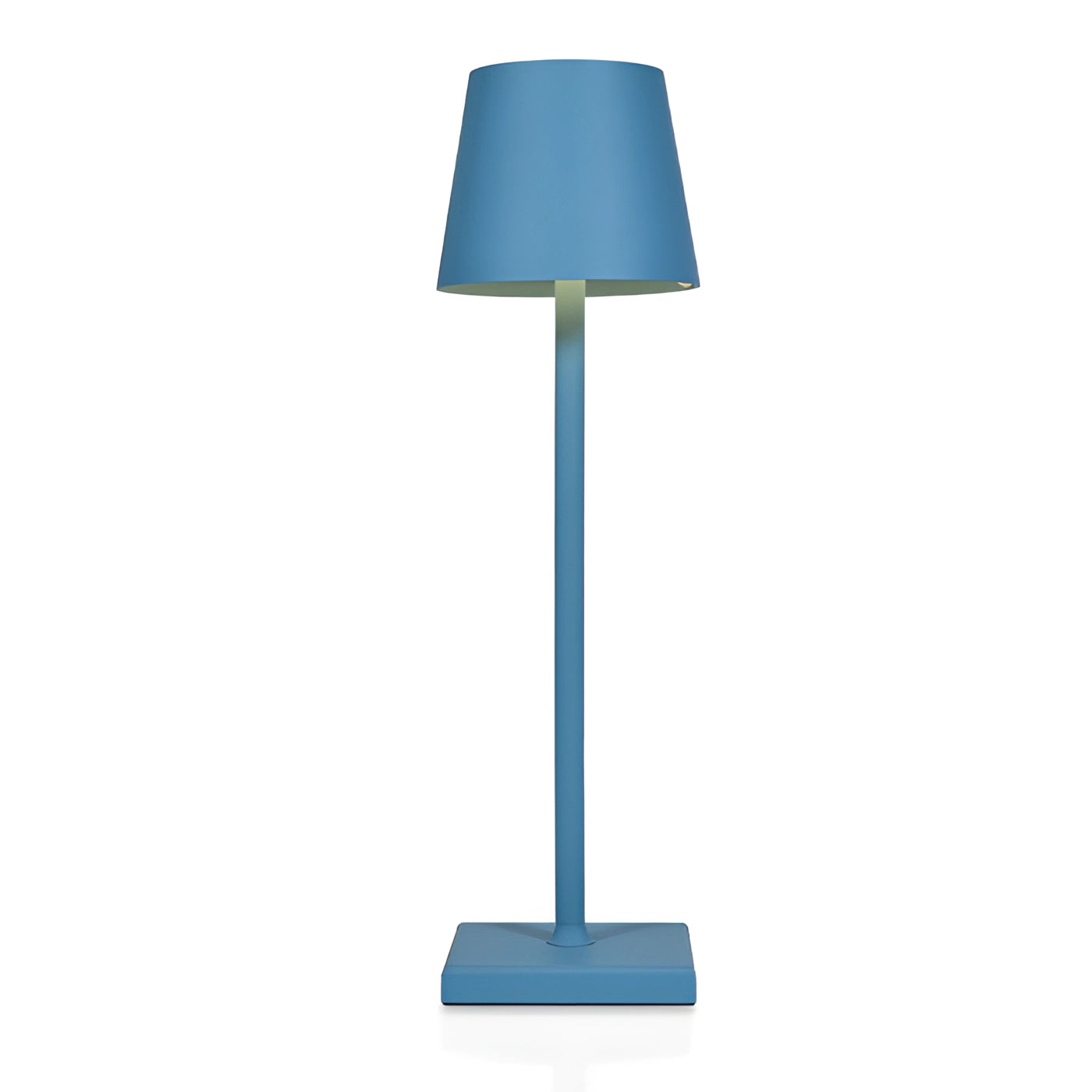 Minimalist LED floor lamp with a sleek design featuring a geometric blue base, a rectangular silhouette, and a matching electric blue lampshade, styled as a modern lighting accessory perfect for contemporary home decor.