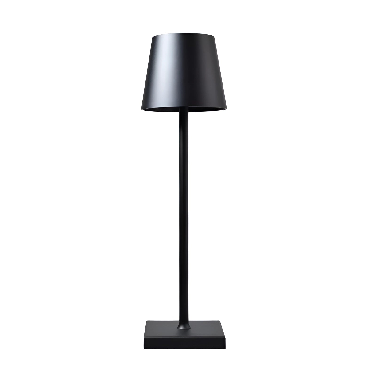 Sleek black minimalist LED floor lamp with a geometric base, featuring a modern design and rectangular elements.