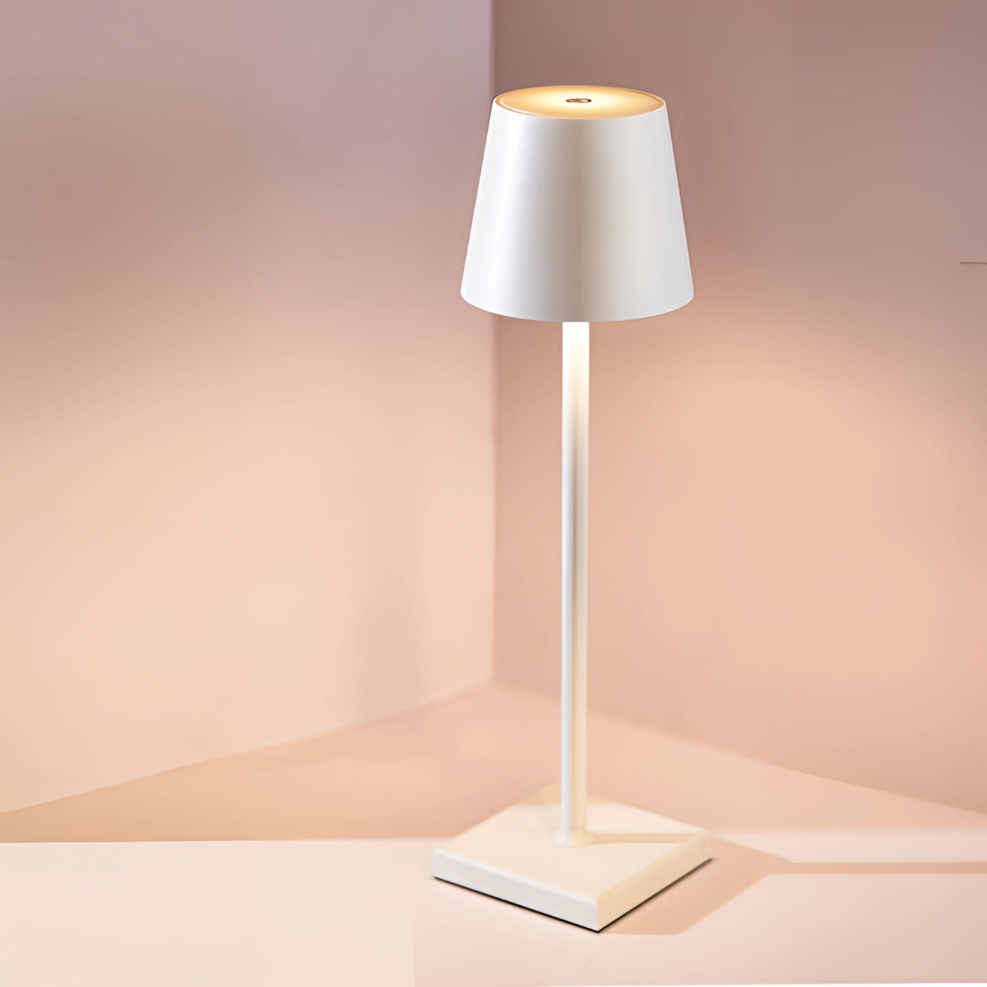 Minimalist white LED floor lamp with a sleek geometric base, featuring a wooden element and a simple lampshade, ideal for modern interior design and providing stylish lighting.