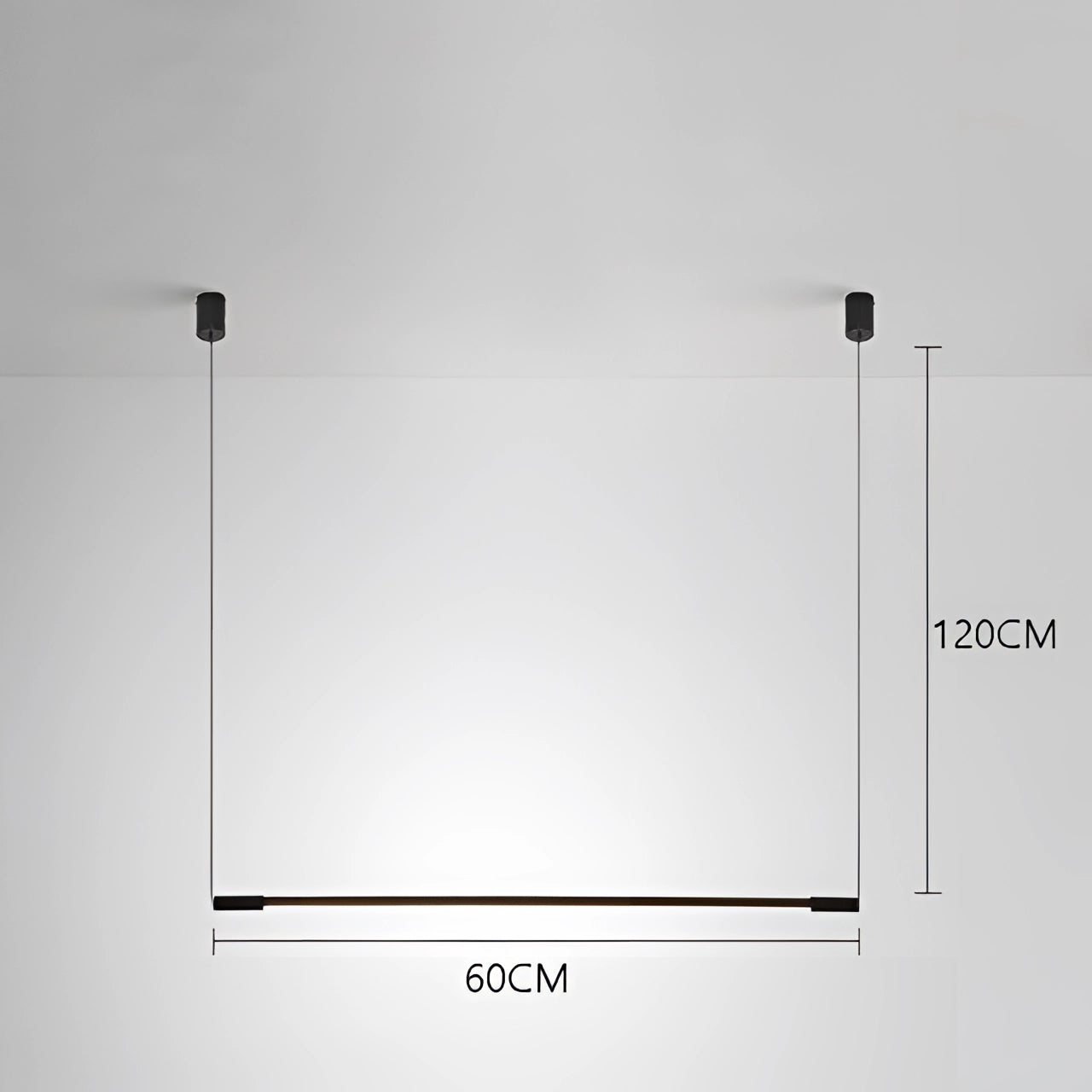 Minimalist LED pendant light with a rectangular design, hanging from the ceiling in a modern luxury kitchen setting.