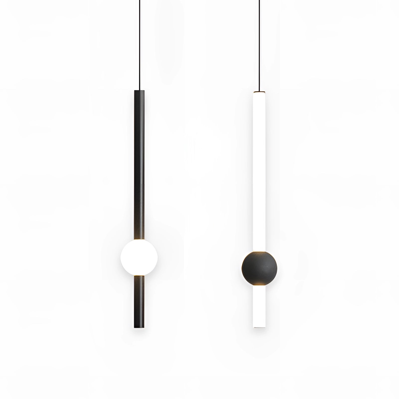 Minimalist LED pendant light featuring a black and white cylindrical globe, suspended from the ceiling, designed to enhance interior aesthetics with its sleek and modern appearance.