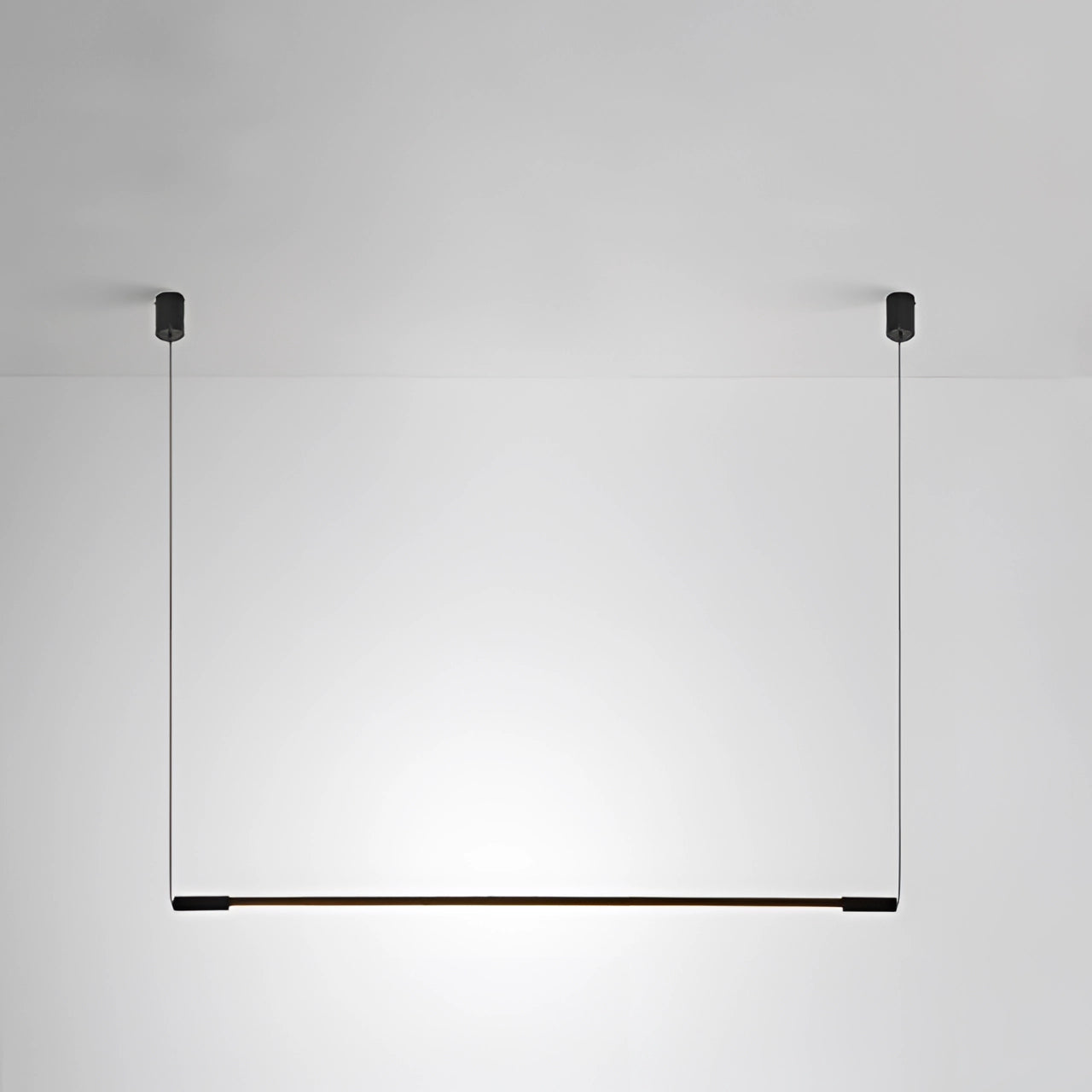 Minimalist LED Pendant Light in a modern luxury design, horizontal large variant with tri-color options, hanging over a kitchen island, featuring a sleek rectangular shape and parallel lines, illuminating with a soft glow.