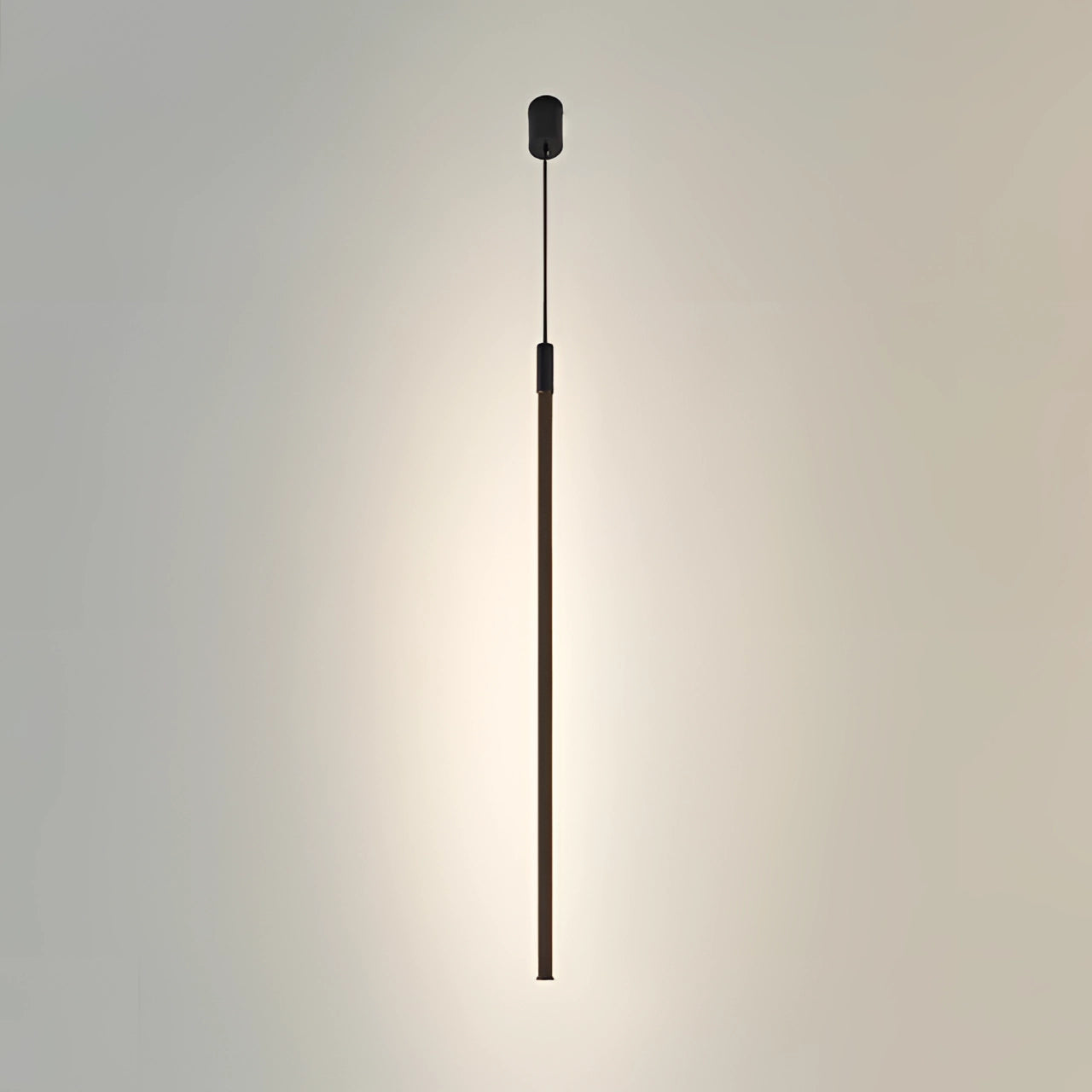 Minimalist vertical LED pendant light with tri color options, large size, modern luxury design, hanging from a ceiling, suitable for dining and kitchen island illumination.