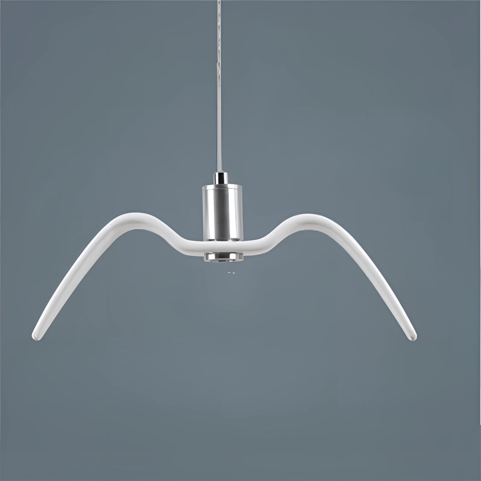 Minimalist LED pendant light with a modern curve design, featuring a brushed metal finish in white. The light is adjustable and hangs from the ceiling, showcasing a sleek rectangular shape crafted from aluminum and titanium materials.
