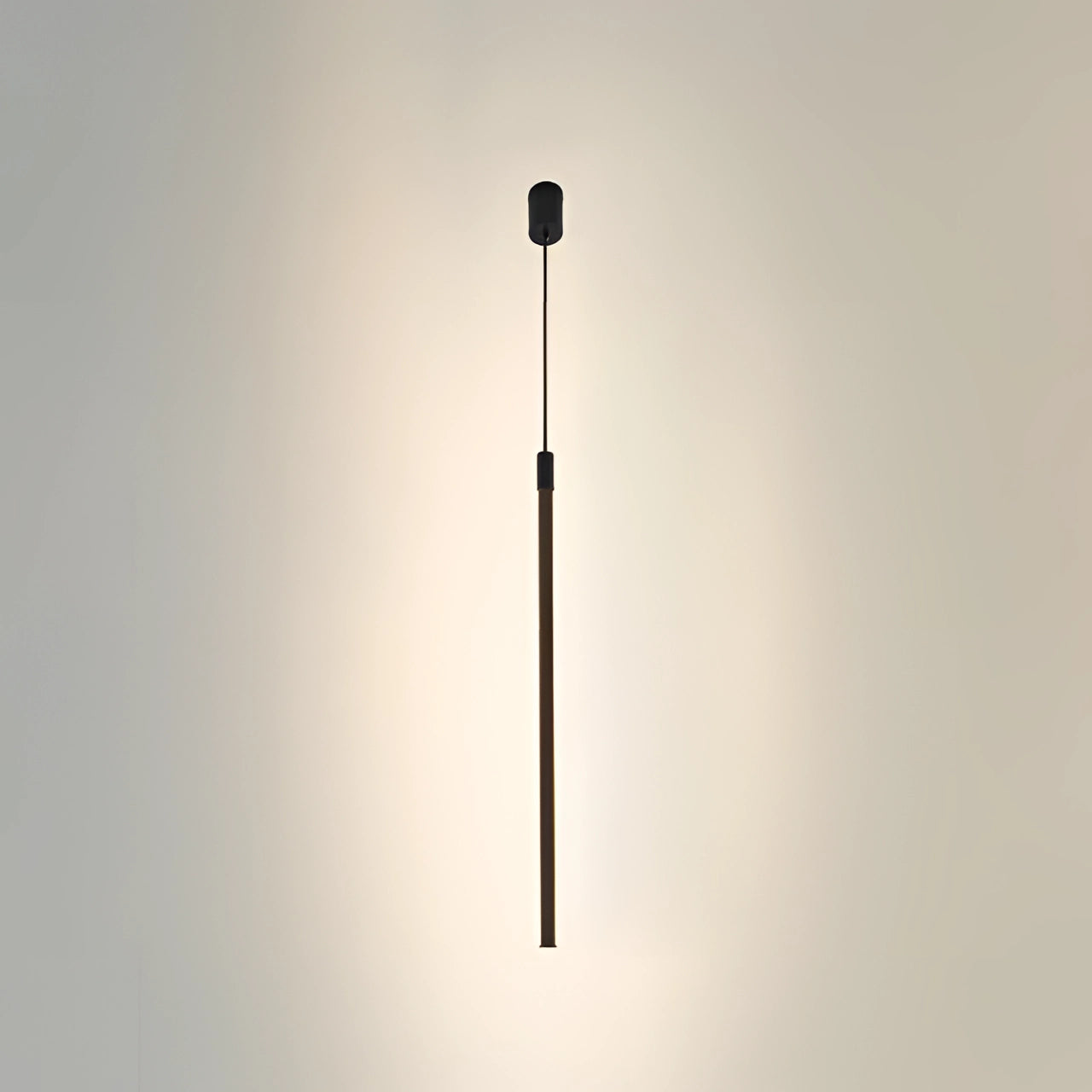 A small, vertical, modern minimalist LED pendant light with tri-color options, designed for luxury dining and kitchen islands, hanging from the ceiling.