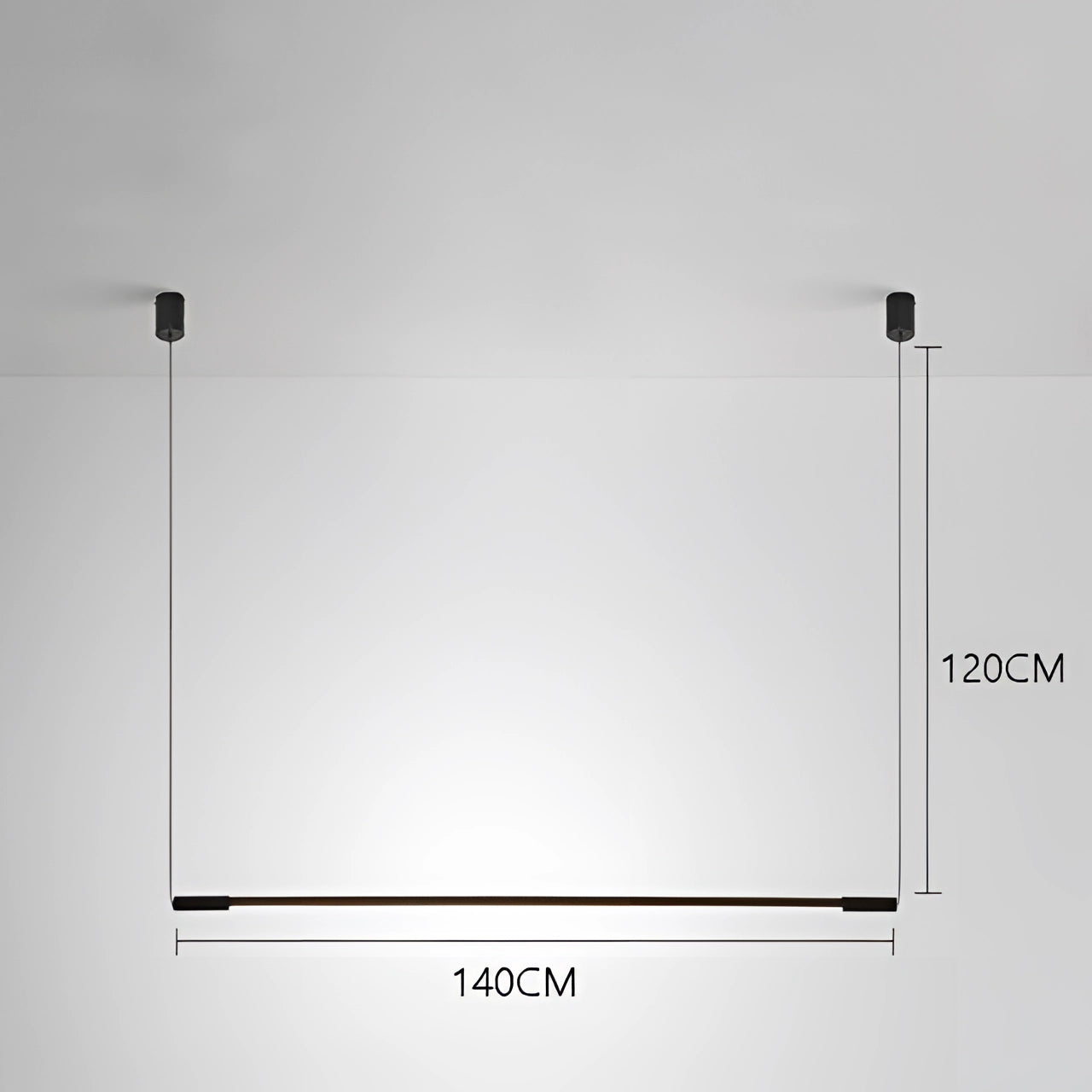 Minimalist LED pendant light hanging over a modern kitchen island with a refrigerator in the background.