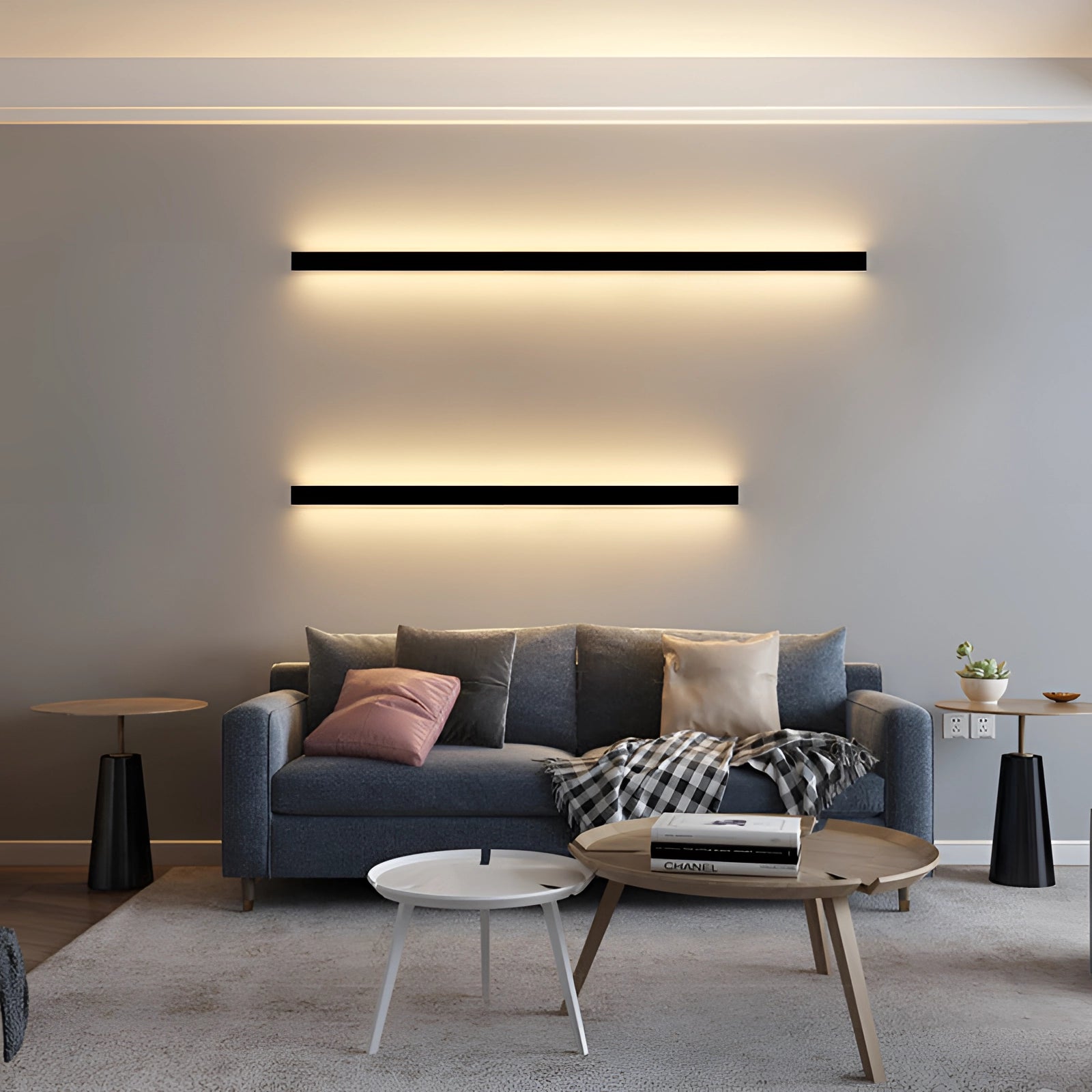 Minimalist LED wall sconce in black featuring a modern vertical design, compatible with App and Alexa, providing cool white and RGB lighting.