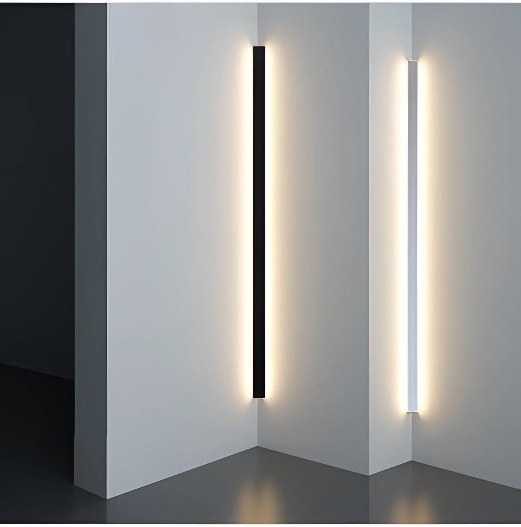 Minimalist LED wall sconce in white, featuring a modern vertical design with cool white and RGB lighting, compatible with App and Alexa, measuring 98 inches with a plug, mounted on a wall in a sleek setting.