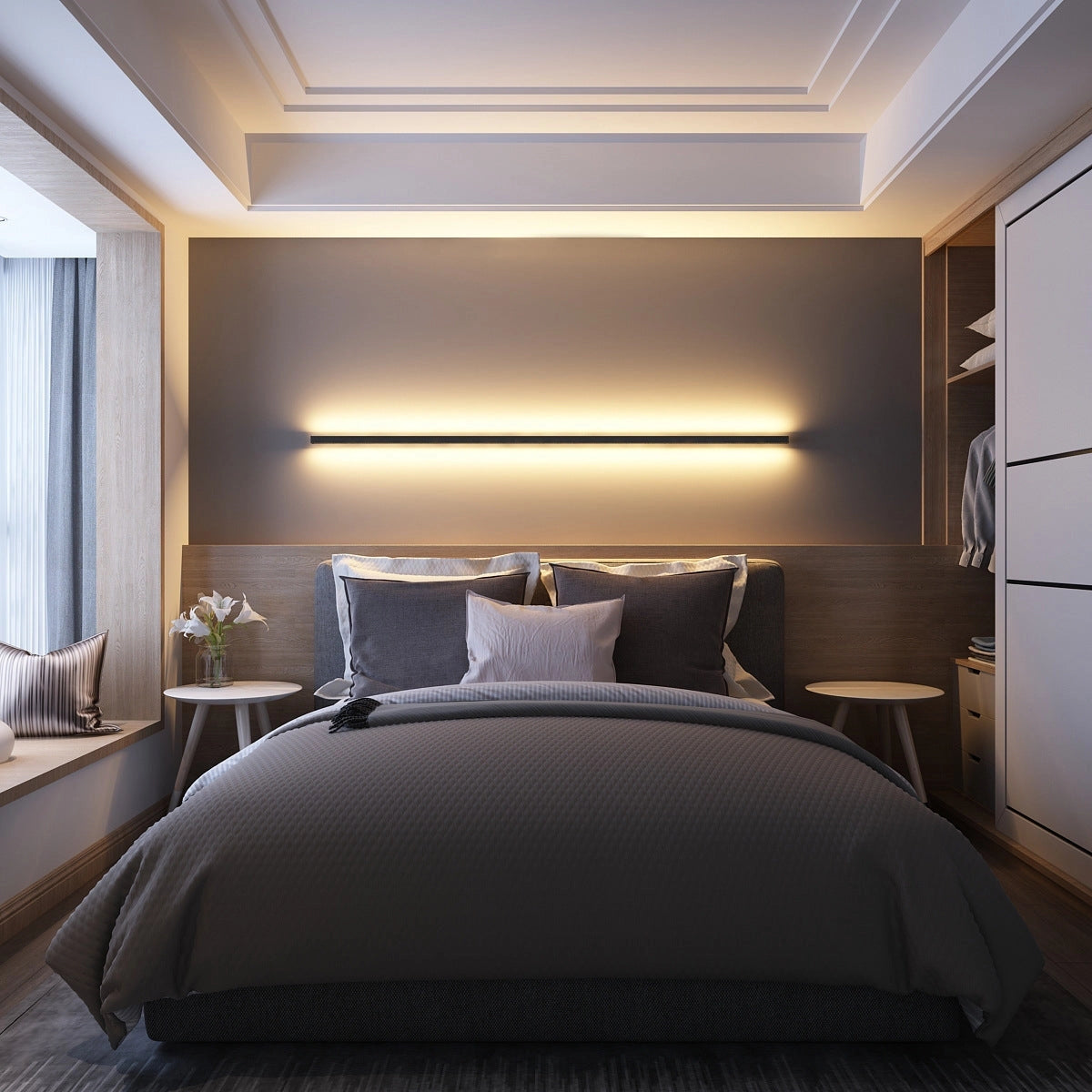 Minimalist LED wall sconce with a modern vertical design, mounted on a wall in a contemporary bedroom setting. The room features wooden elements, a bed with plush pillows, and soft lighting enhancing the cozy atmosphere.