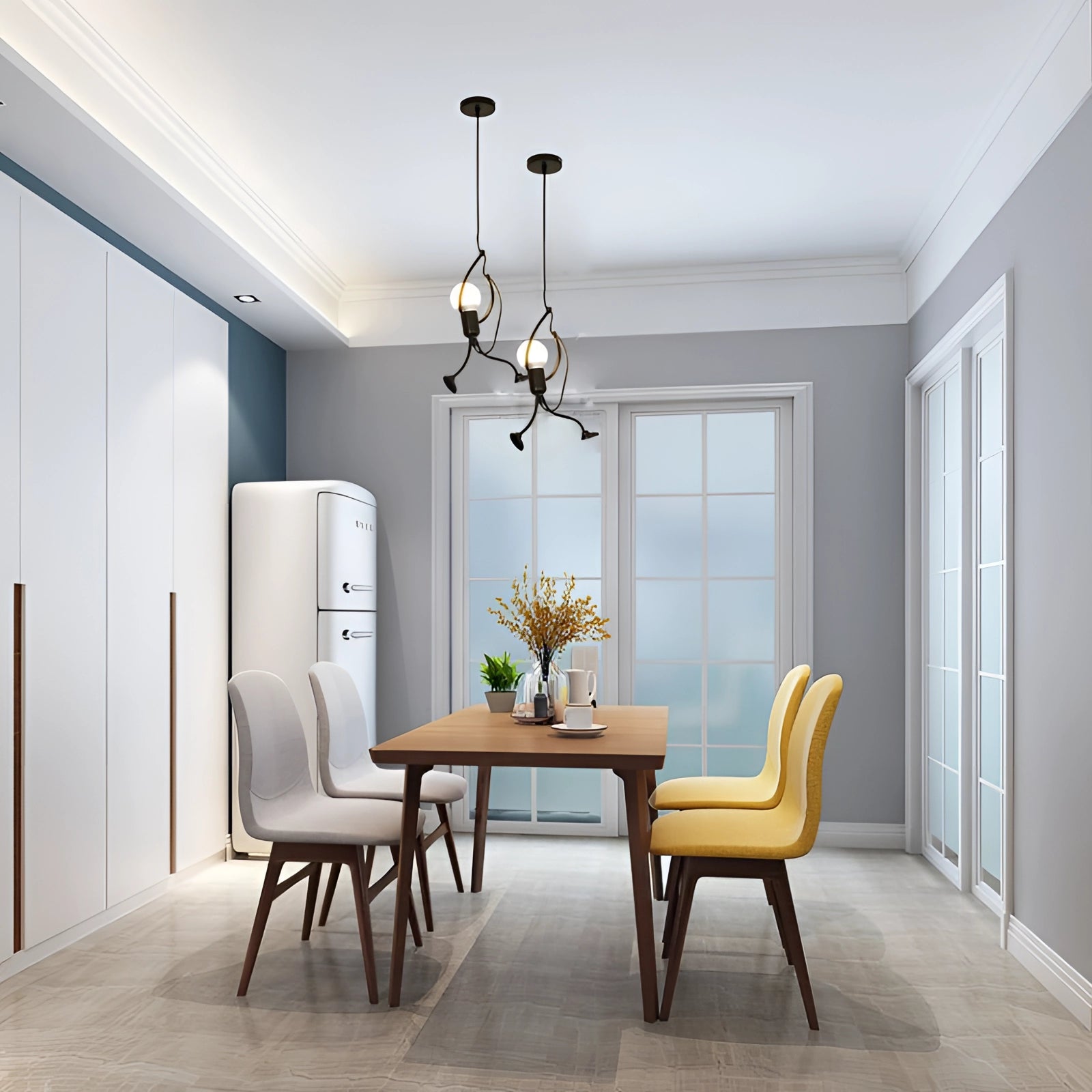 Minimalist modern pendant light hanging from the ceiling in a stylishly furnished room with a wooden table, chairs, and a couch, surrounded by indoor plants, showcasing contemporary interior design.