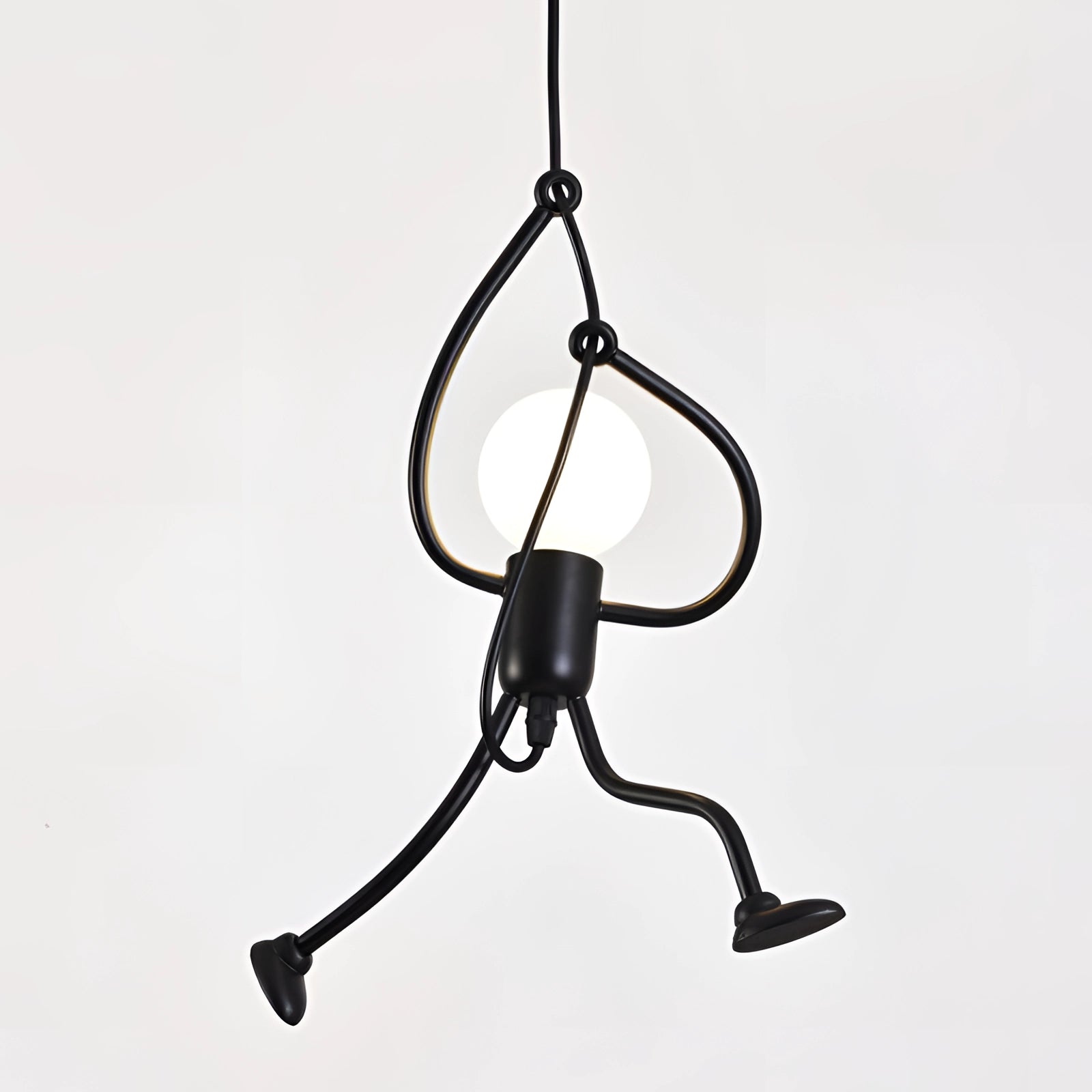A minimalist modern pendant light with an adjustable metal ceiling fixture, elegantly designed to complement contemporary interiors, hanging from the ceiling in a well-lit room.