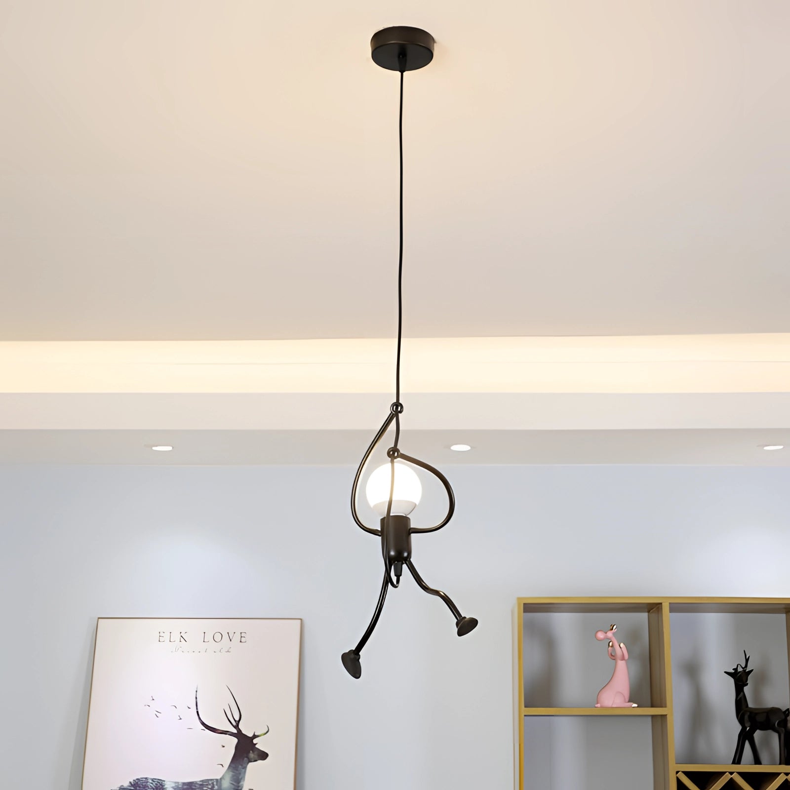 Modern minimalist pendant light with adjustable metal ceiling fixture, featuring a sleek white design against a wood-accented wall and ceiling.