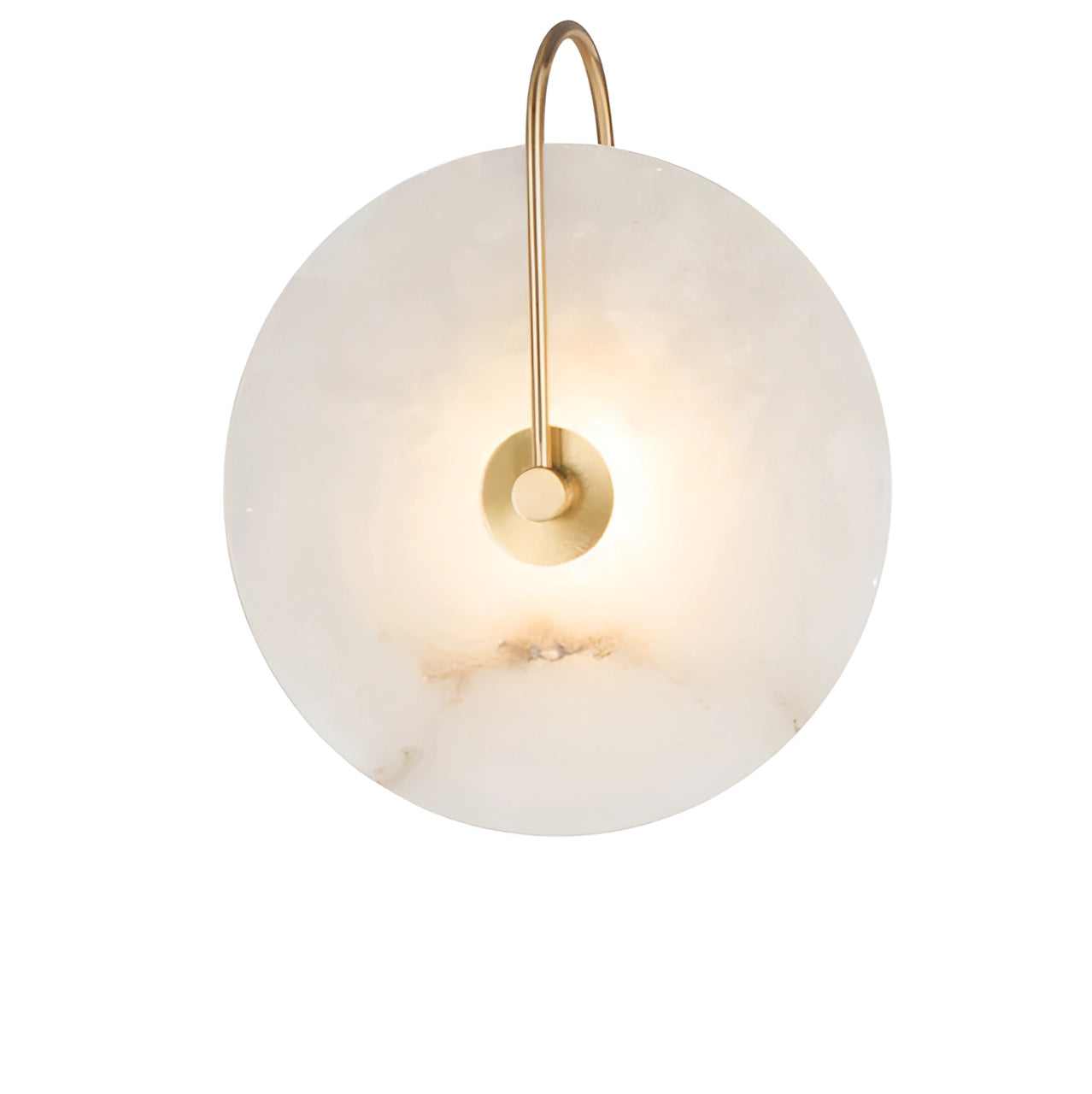 Circular gold minimalist Nordic LED wall light with a cool white glow mounted on a wooden backdrop, possibly with a nearby plant, intended for bedroom lighting.