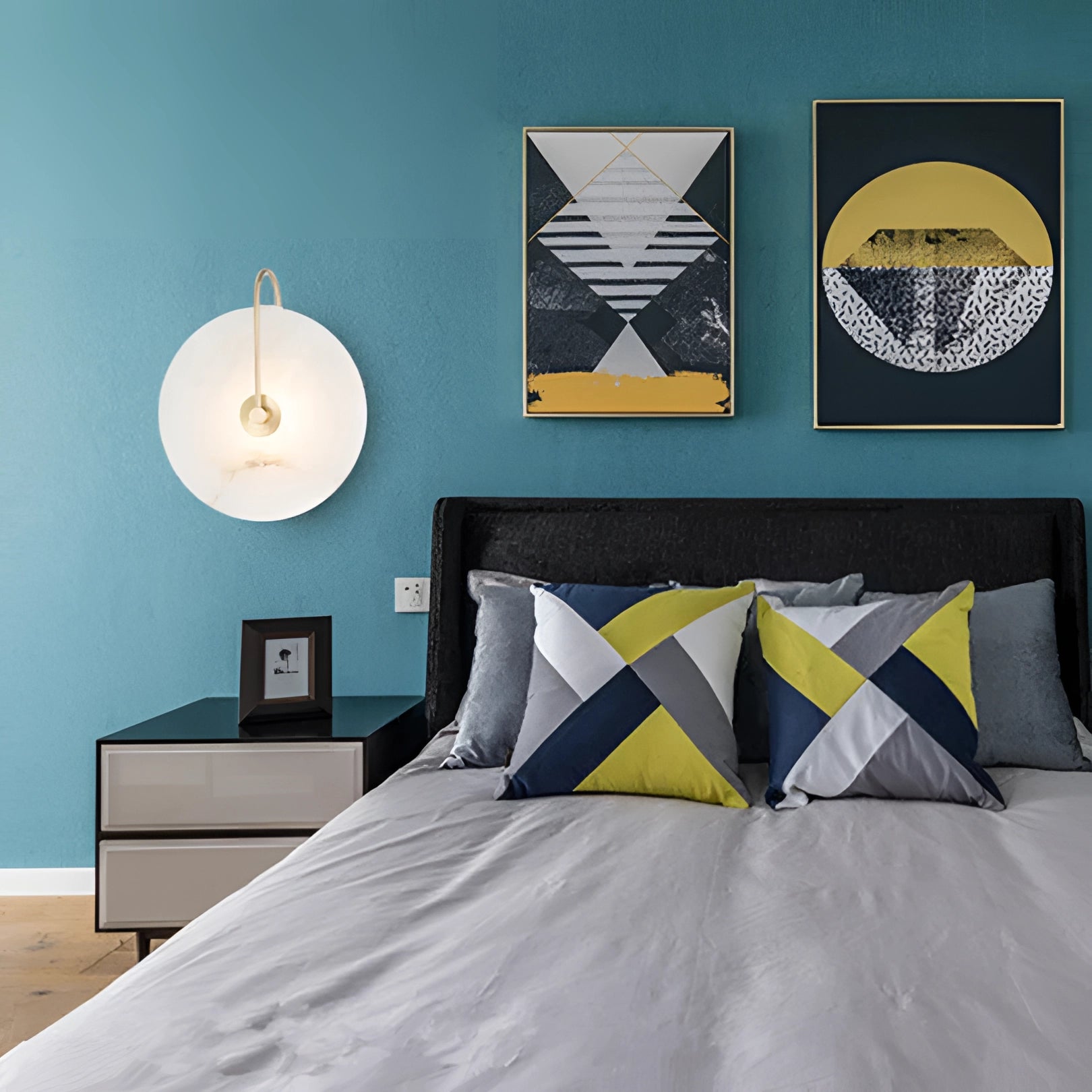 Minimalist Nordic LED wall light featuring a rectangular shape with a soft azure textile shade, enhancing bedroom interior design with comfort and style.