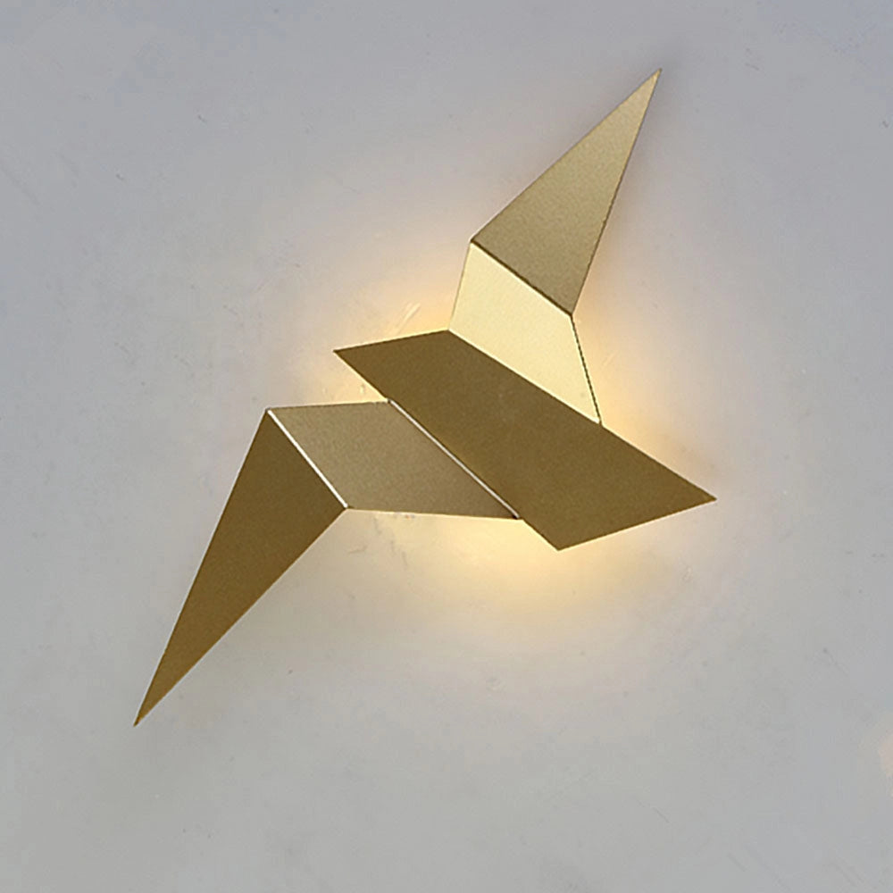 Minimalist gold origami bird-shaped LED wall lamp featuring a geometric modern design with triangular and rectangular elements.