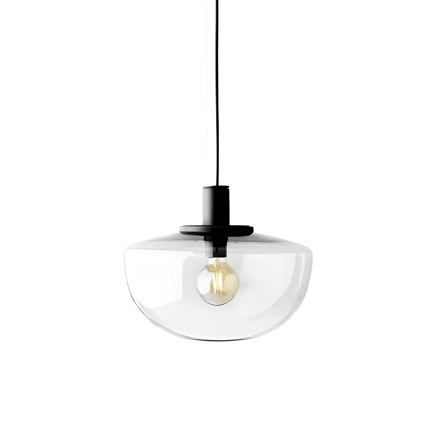 Minimalist pendant light fixture with a modern Scandinavian design, featuring a clear 35cm circular shade, hanging from a nickel-finished metal ceiling mount.