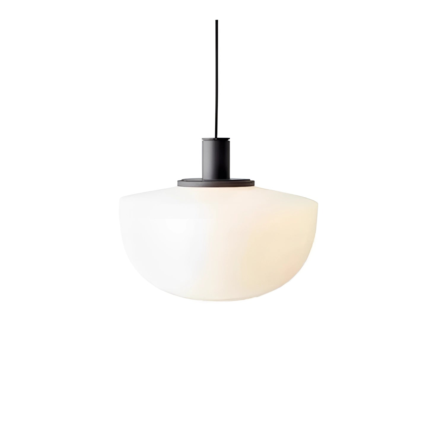 Minimalist pendant light with a modern Scandinavian design, featuring a cream-colored finish and a 35cm circular metal shade, elegantly hanging from the ceiling, ideal for dining room lighting.