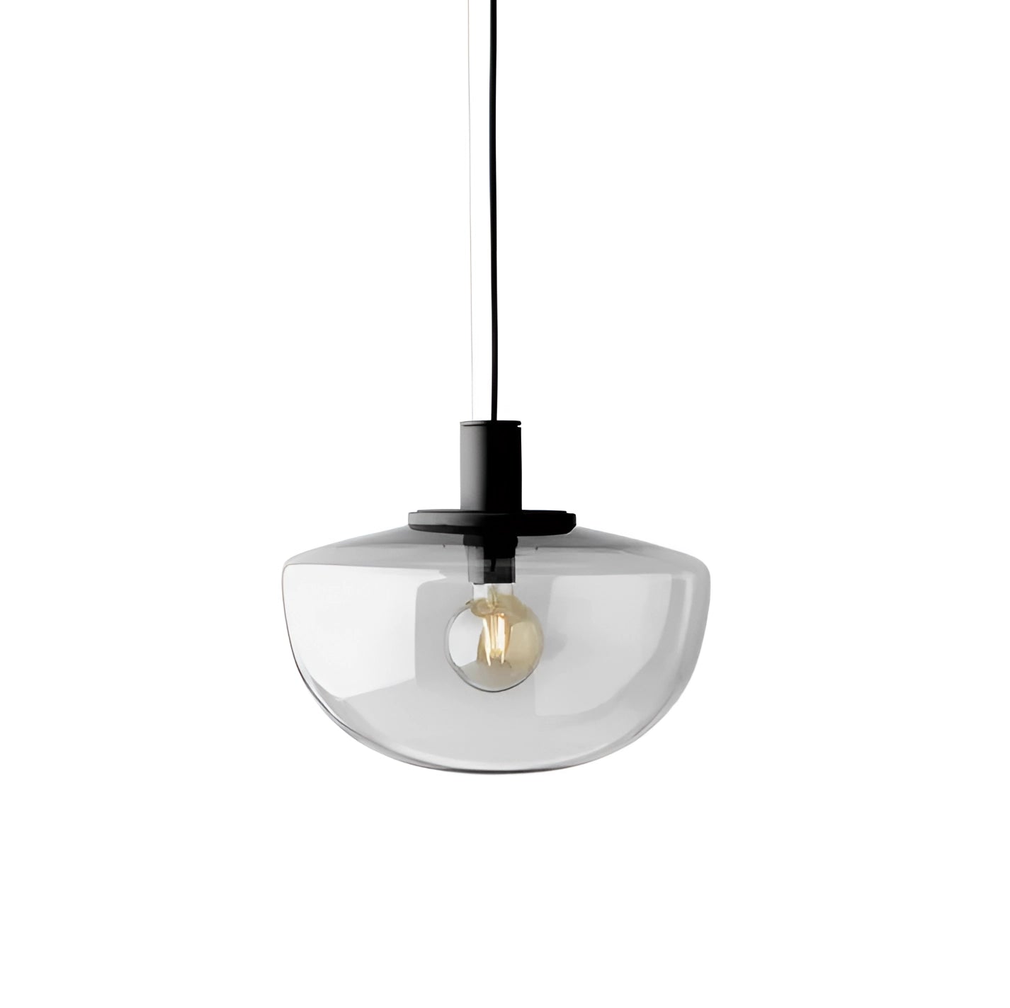Minimalist pendant light with a modern Scandinavian design, featuring a sleek nickel and aluminum finish, hanging as a ceiling fixture suitable for a dining room.