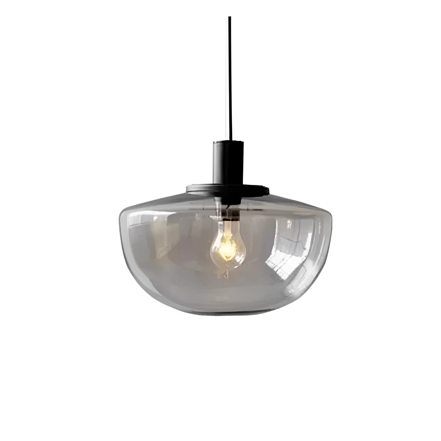 Smoke grey minimalist pendant light with a modern Scandinavian design, featuring a 35cm ceiling fixture. The light has a transparent appearance, ideal for dining room interior design, with a sleek metal finish.