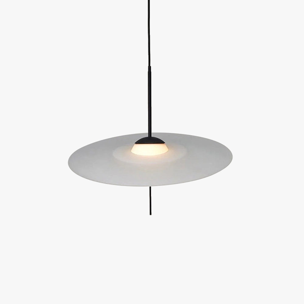 Minimalist round pendant light with an adjustable modern design, featuring a circular metal ceiling fixture and a composite material lampshade, suitable for interior design settings.
