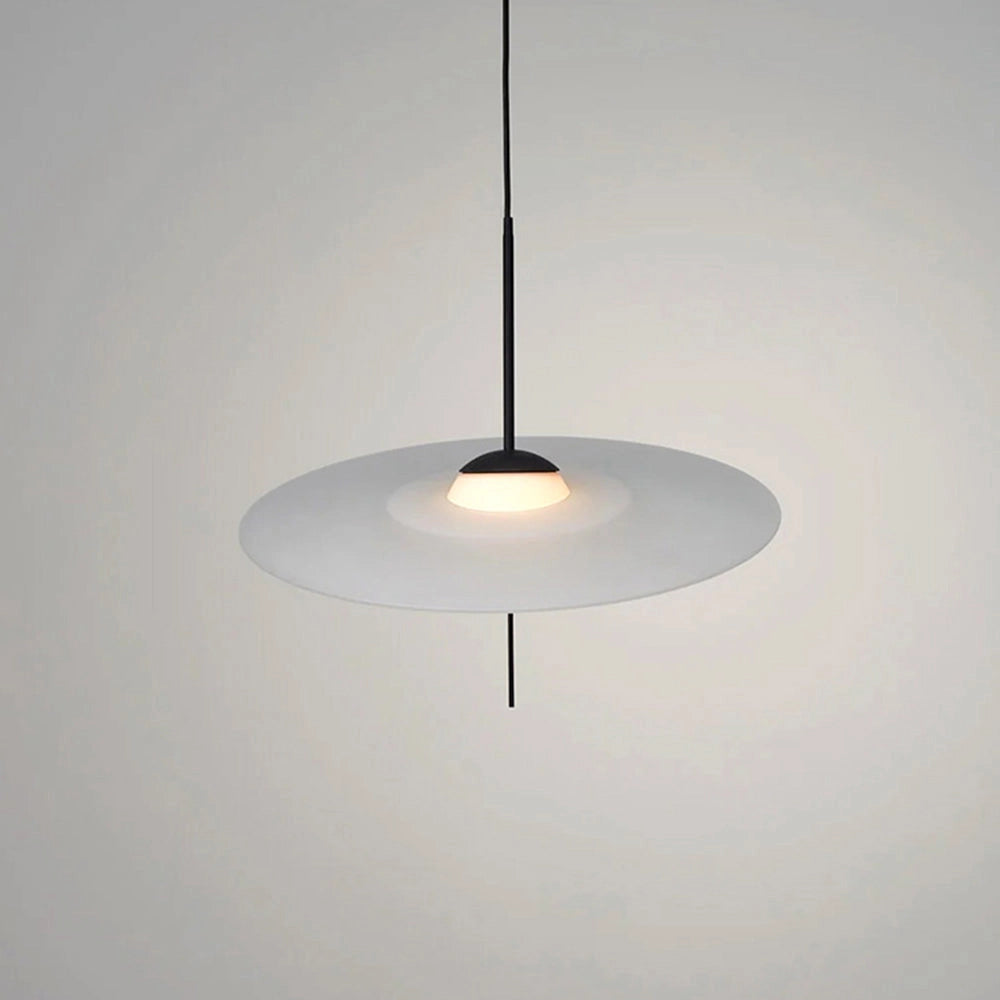 Minimalist round pendant light with a sleek metal finish, designed as an adjustable modern ceiling fixture, featuring a circular shape and contemporary style.