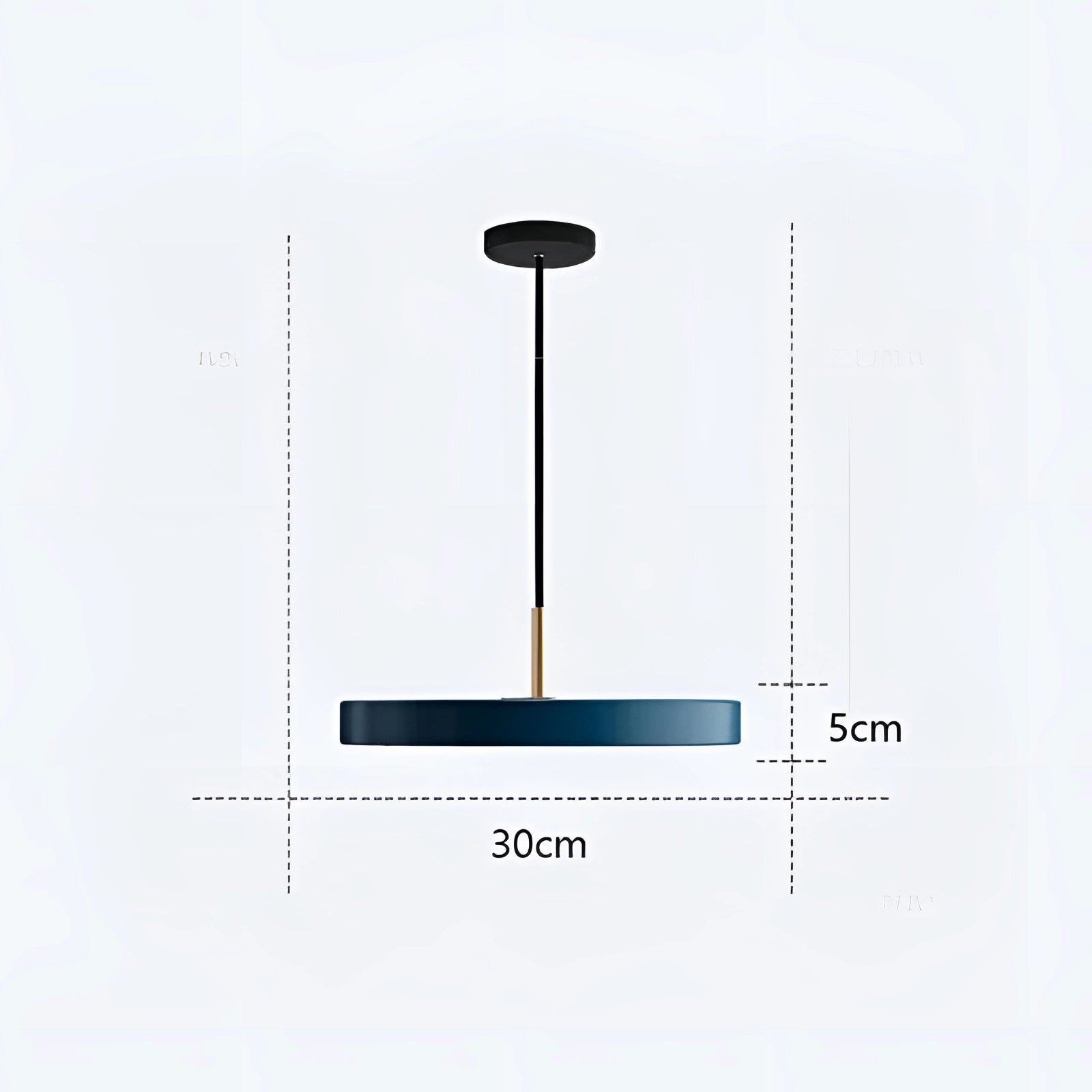 Minimalist Scandinavian LED pendant light with a sleek design featuring a 30cm adjustable blue cylindrical fixture. The light offers continuous dimming capabilities, perfect for modern dining spaces.