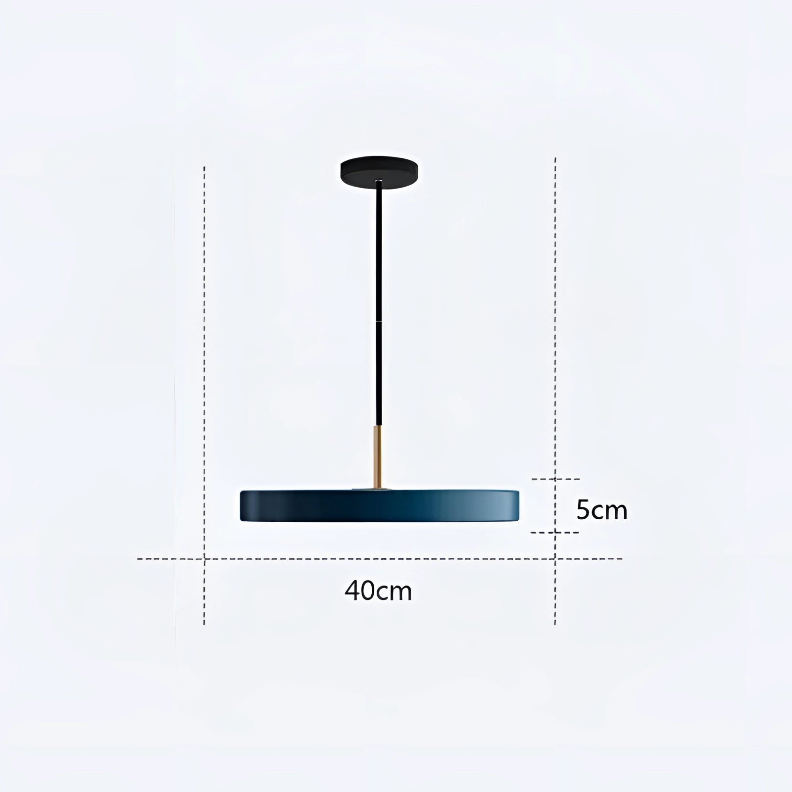Minimalist Scandinavian LED pendant light in electric blue, featuring a 40cm circular design with continuous dimming capabilities, suspended over a dining area for a modern and balanced aesthetic.