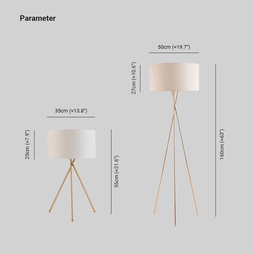 Minimalist Scandinavian tripod floor lamp with a modern design, featuring a beige lampshade with a rectangular shape, supported by three wooden legs and metal accents.