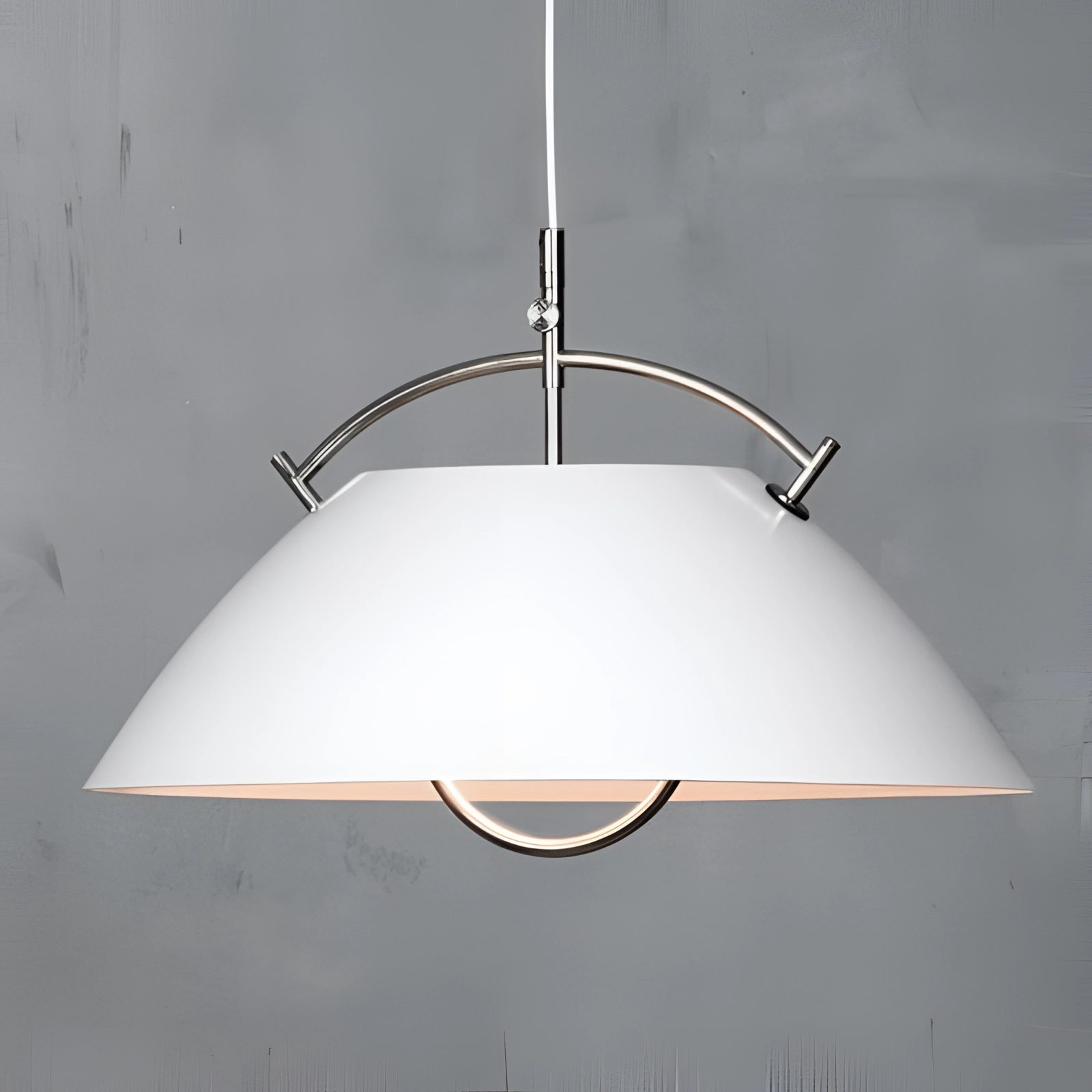 Minimalist Scandinavian white pendant light with a modern adjustable design, featuring a sleek combination of metal and wood materials, suitable as a ceiling fixture.