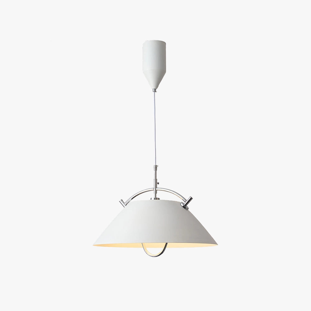 Minimalist Scandinavian white pendant light with a modern design, featuring an adjustable metal frame and circular shade, elegantly hanging from the ceiling as a stylish lighting fixture.